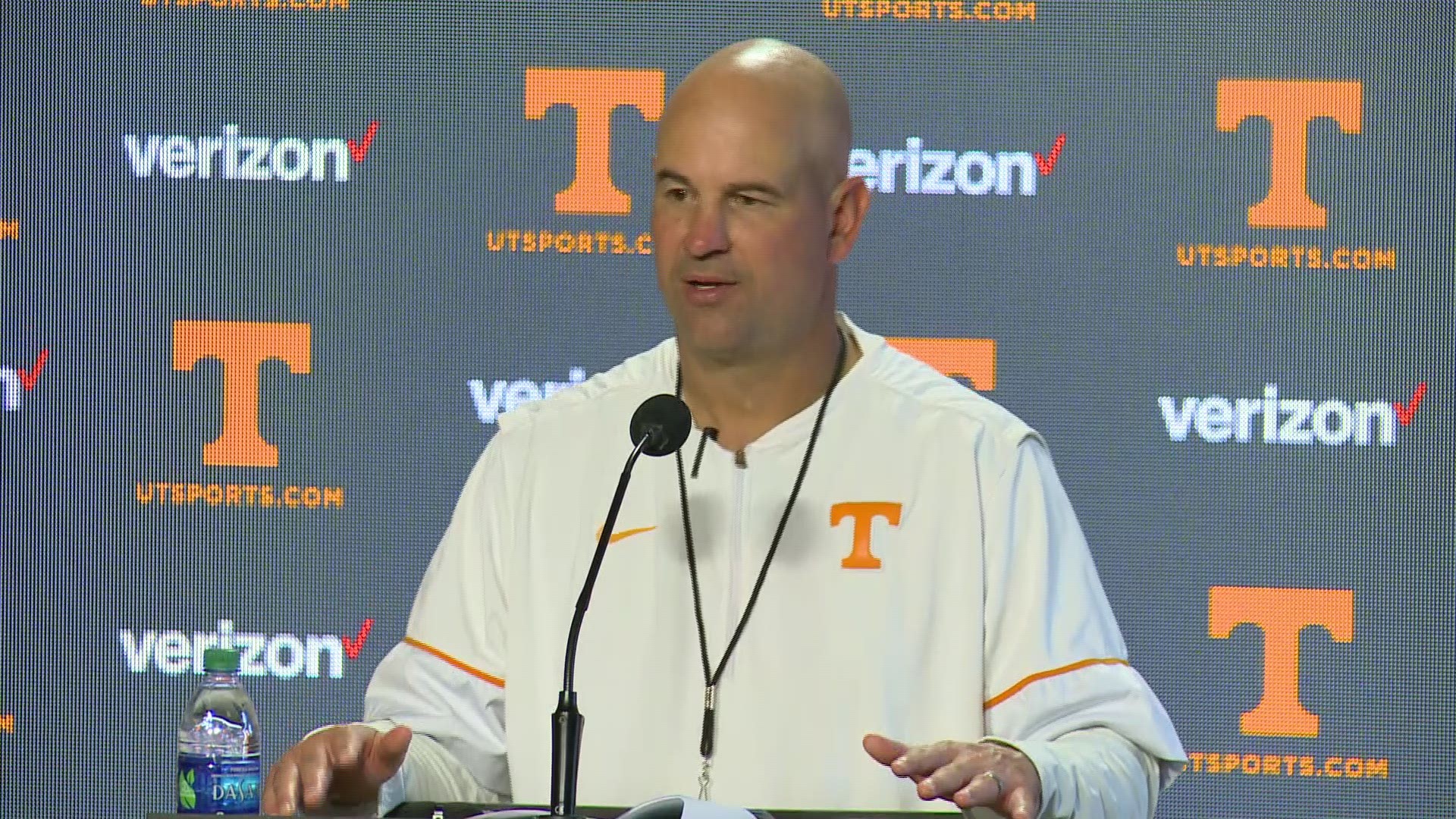 Jeremy Pruitt speaks with the media after a scrimmage in Neyland Stadium.