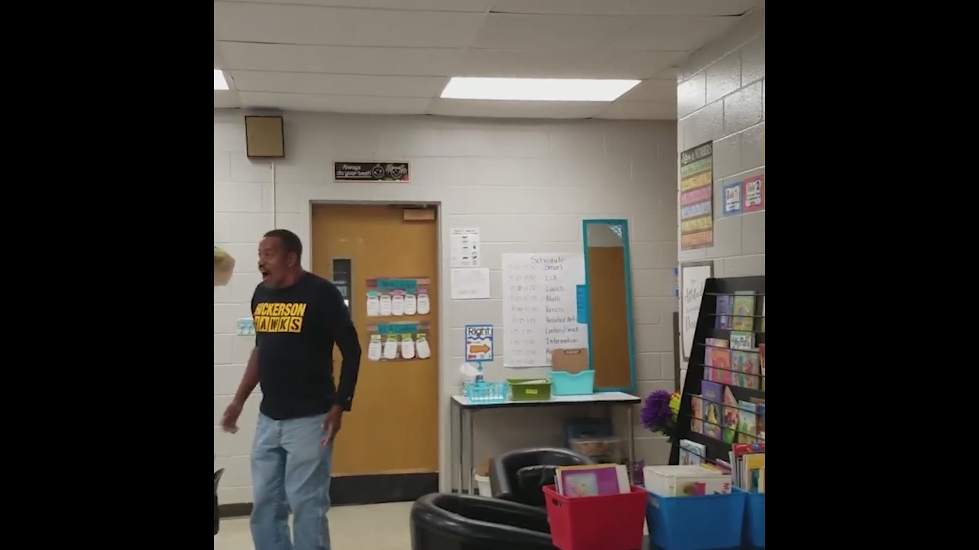 A kindergarten class from Hickerson Elementary School sang to custodian James Anthony by signing "Happy Birthday" to him for his 60th birthday. While he's hearing impaired, he can read lips.