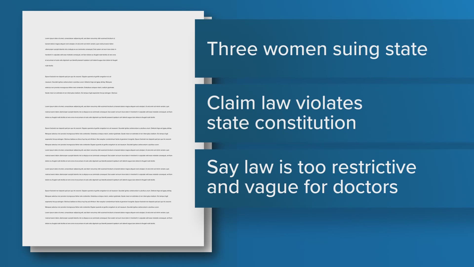 The plaintiffs claim the law is too restrictive and vague about when doctors can legally terminate a pregnancy with serious complications.