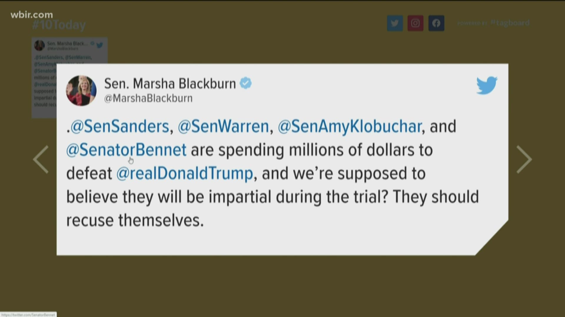 Tennessee Senator Marsha Blackburn posted a tweet that said four democratic candidates should recuse themselves from the impeachment process.