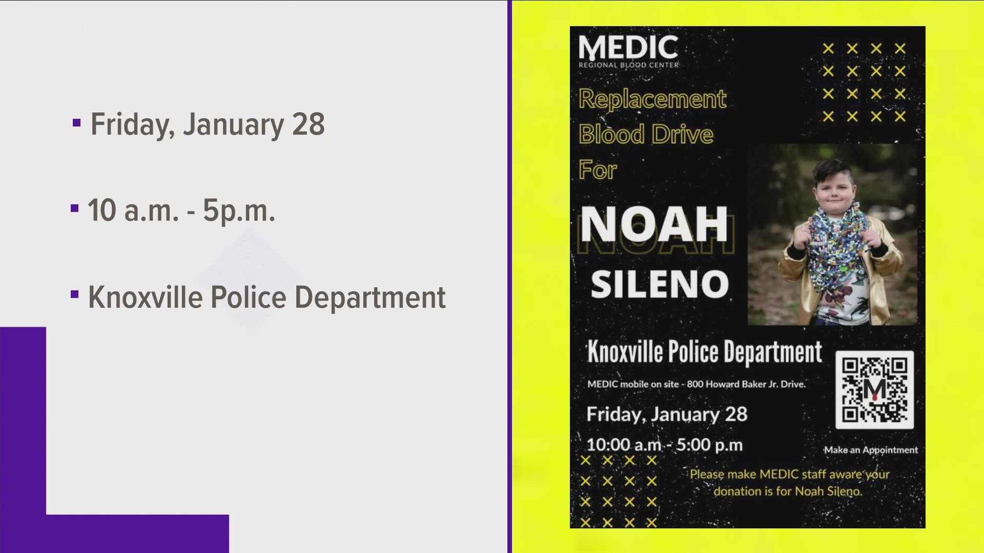 MEDIC's mobile bus will be parked at the Knoxville Police Department on Jan. 28 where people can donate blood, helping 6-year-old Noah Sileno fight cancer.