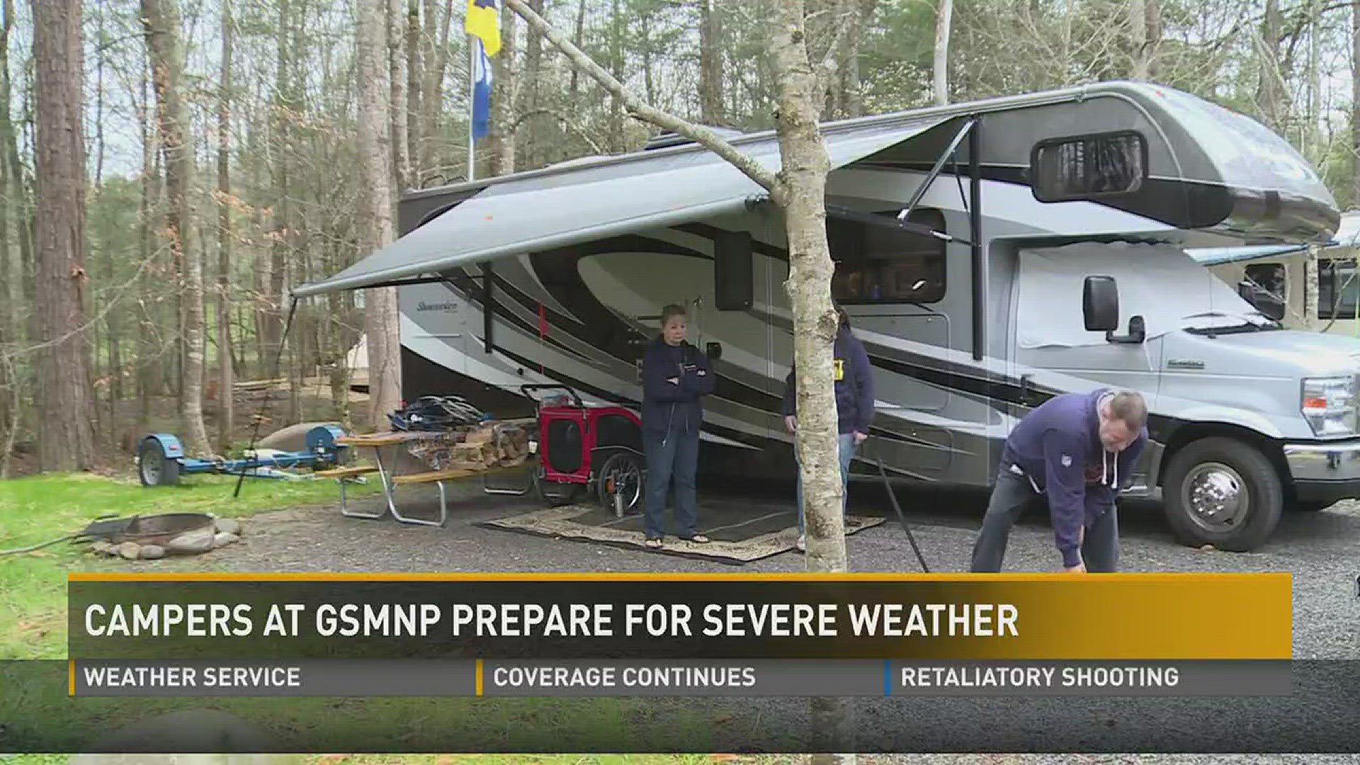 April 5, 2017: Travelers and campers in the Great Smoky Mountains National Park are preparing their campsites as severe weather moves into the area.