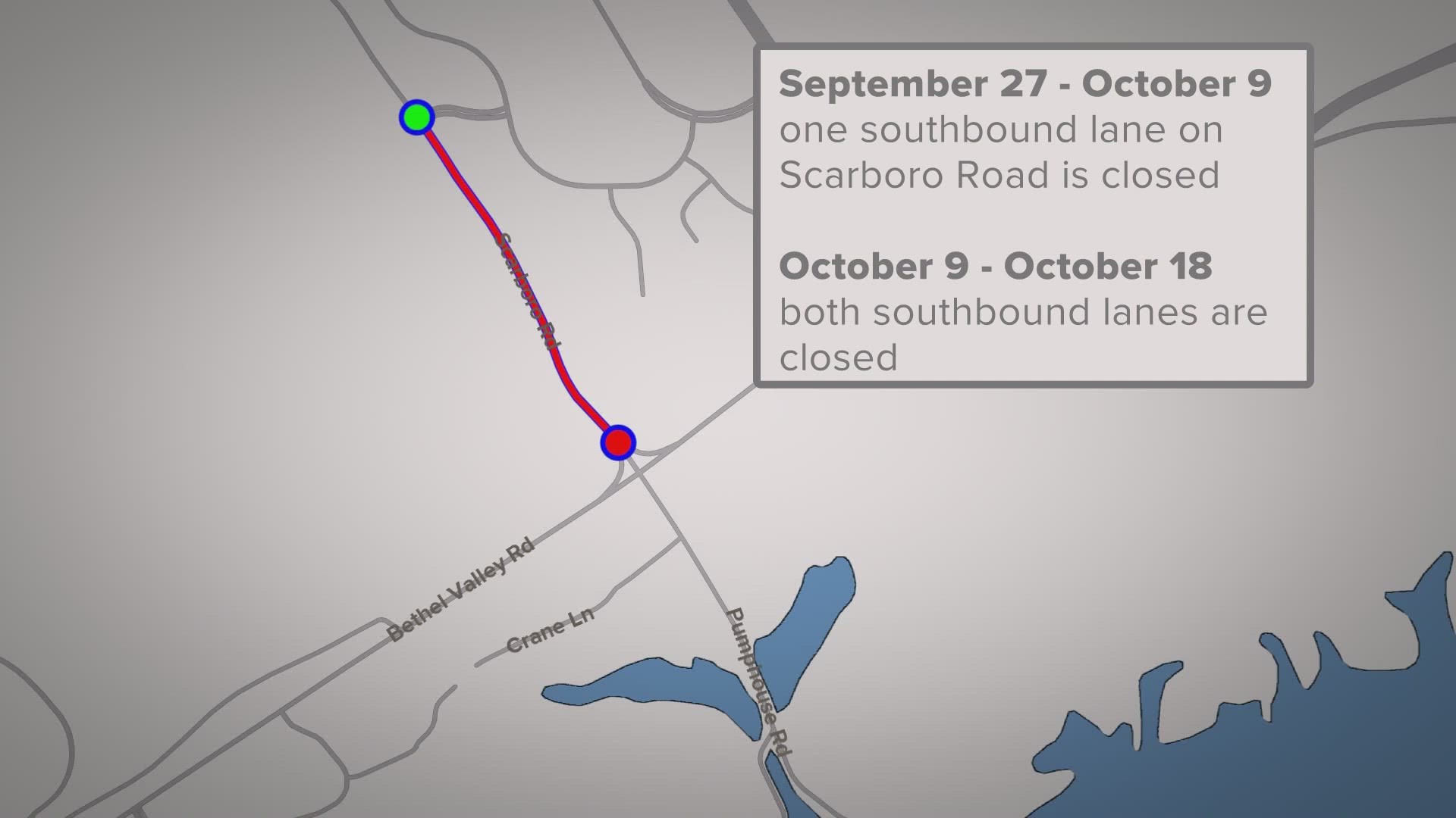 One lane of Scarboro Road heading toward Bethel Valley Road is closed. Starting next week, on Oct. 9, both lanes will be closed.