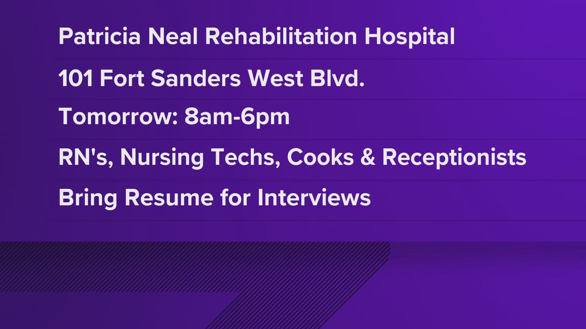 On Wednesday, people will have a chance to find a job as a nurse, rehab nursing tech, cook or receptionist.