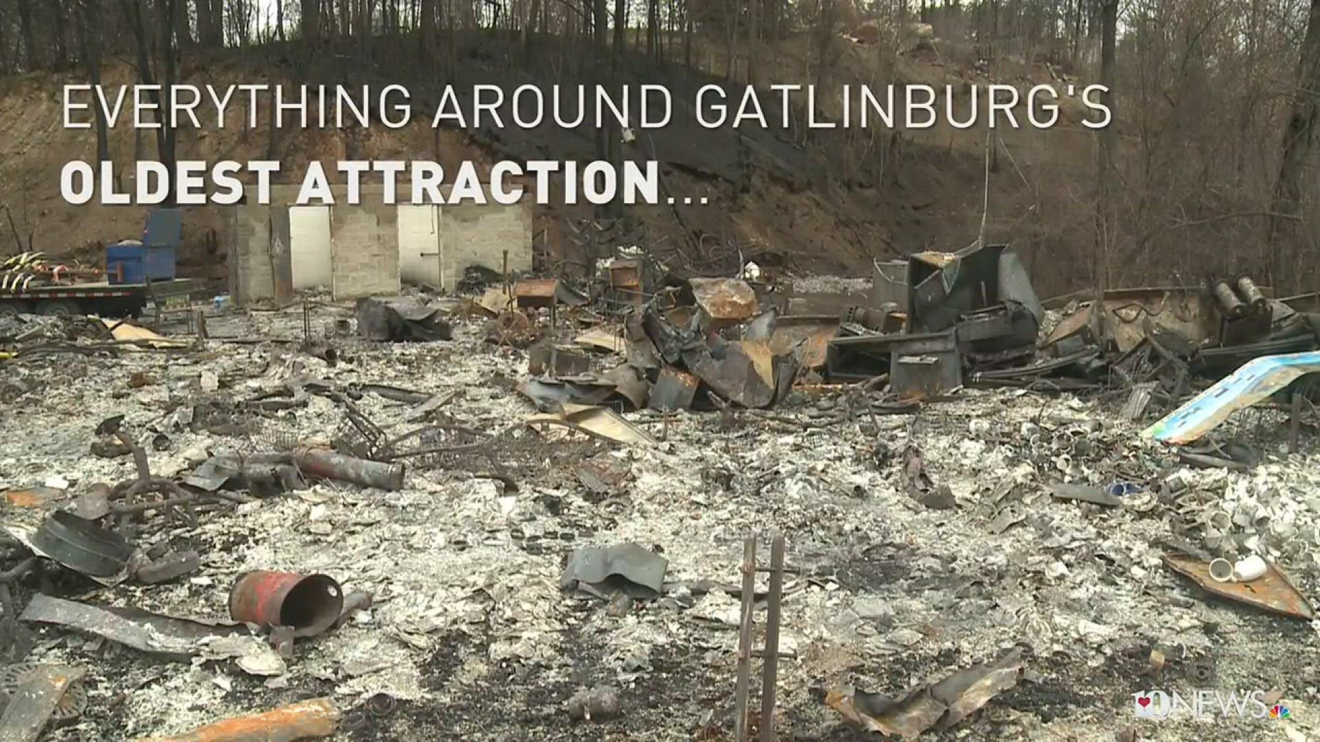 Fires destroyed the Crockett Mountain Concessions at the top of the Gatlinburg Skylift, but not the American flag that was flying outside.