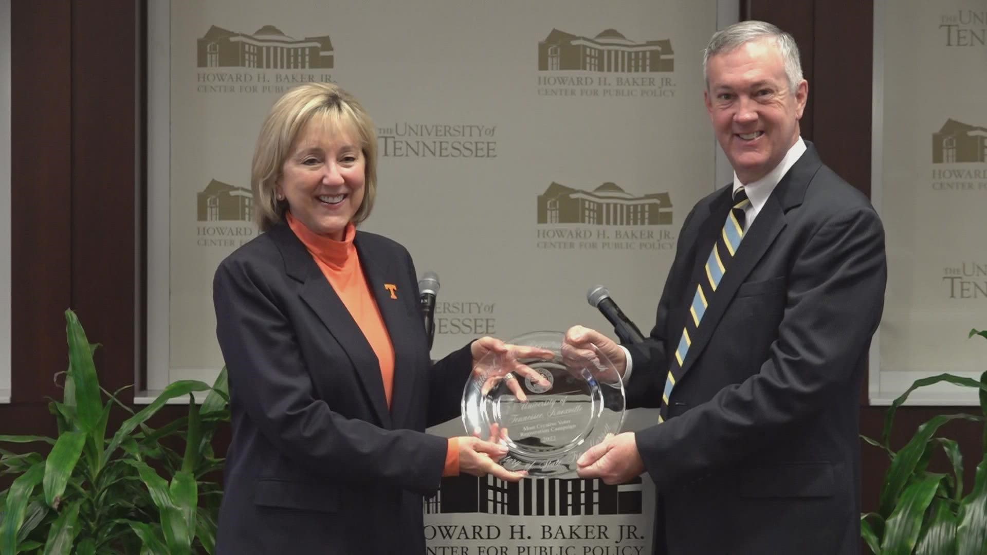The Tennessee Secretary of State was on the University of Tennessee campus Wednesday to present the award.