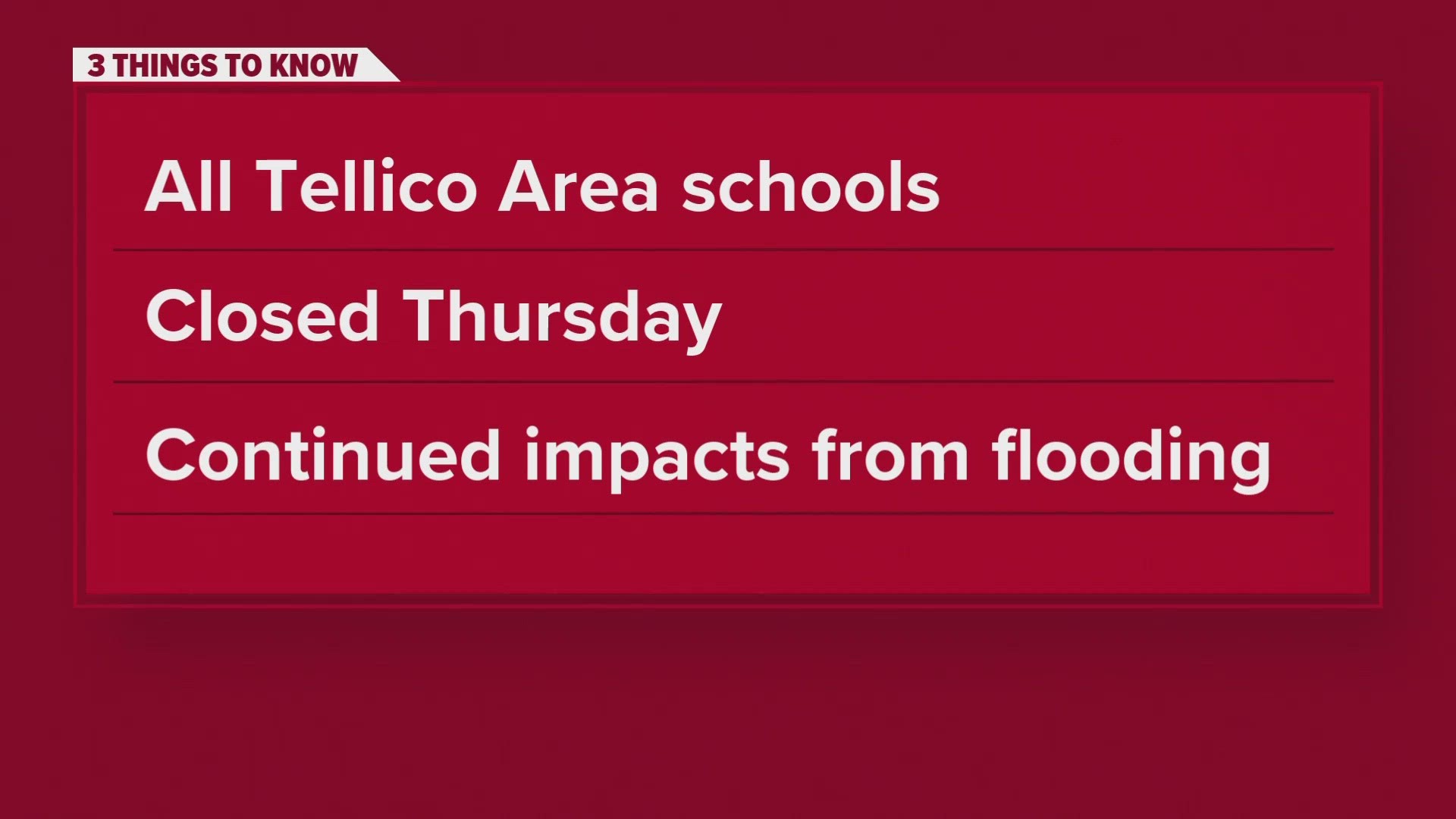 All schools in the Tellico area will be closed on Thursday due to continued impacts from flooding Tuesday.