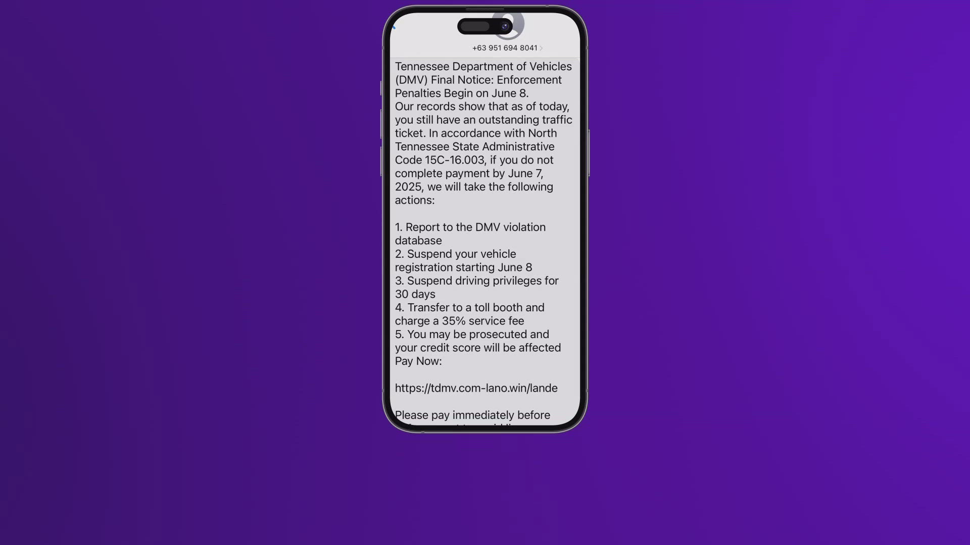 It claims you have an outstanding traffic ticket and if you don't pay it by Saturday, your license will be suspended. Law enforcement agencies say its a scam.