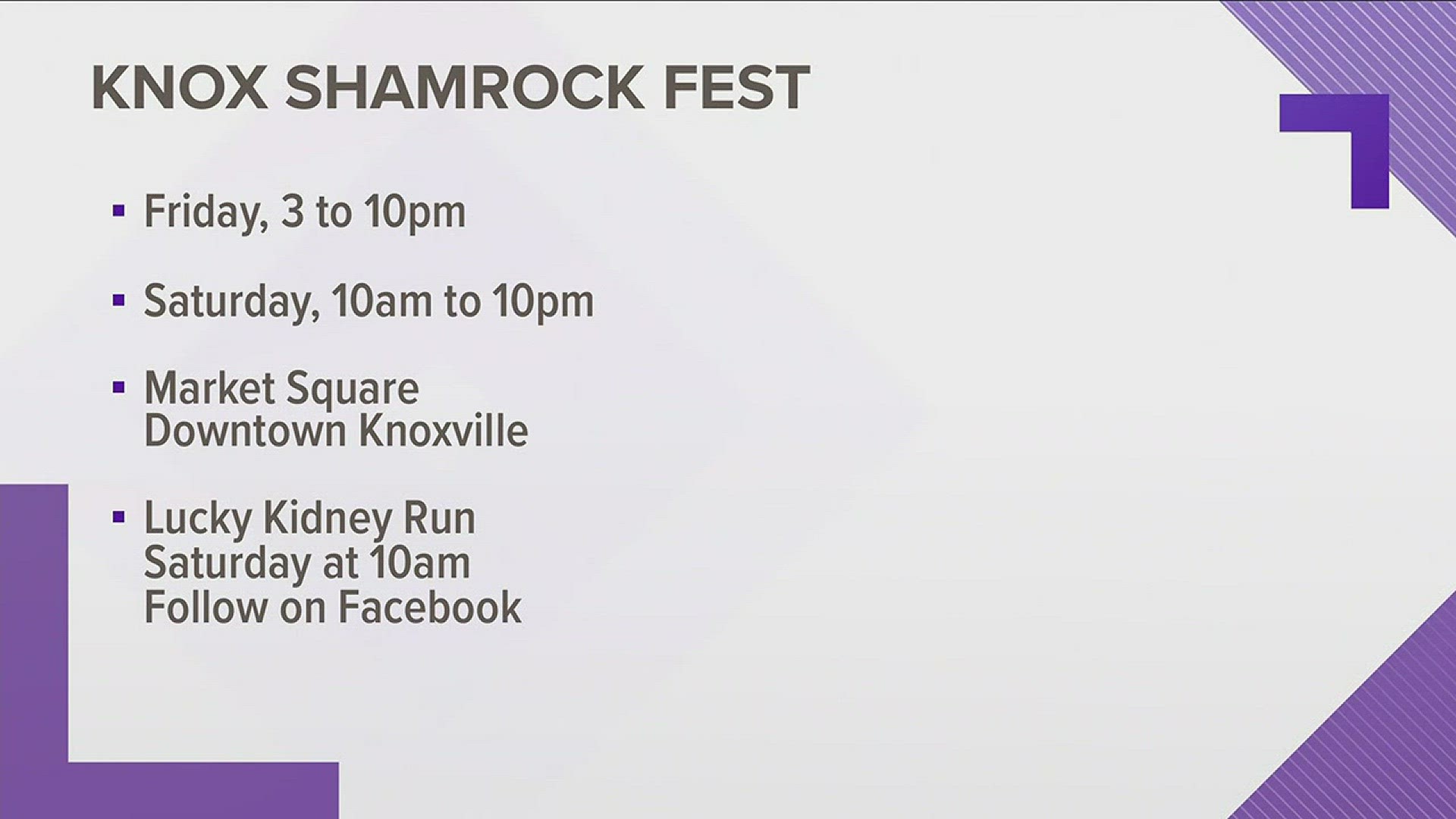 KNOX SHAMROCK FEST�presented byFresenius Kidney CareFriday, March 16th, 3p-10p &Saturday, March 17th, 10a-10pMarket Square-Knoxville.Lucky Kidney Run: March 17 @10amMarch 12, 2018-4pm