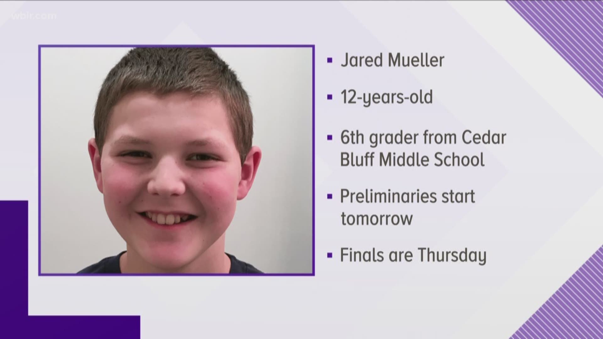 Jared Mueller is a 6th grader from Cedar Bluff Middle School. He is number 329 out of 516 spellers in this year's competition.