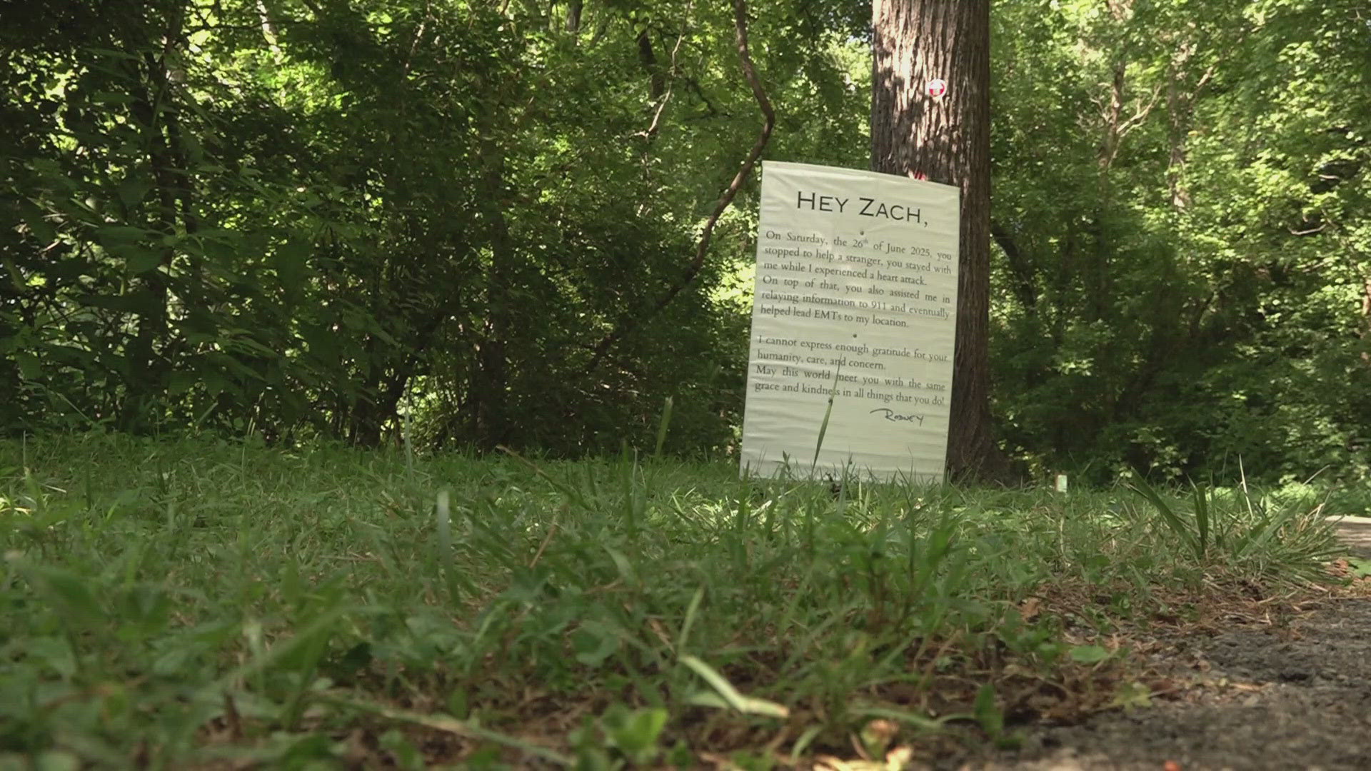 A Knoxville man created a sign to say thank you to a man who helped while he was having a heart attack on the Knoxville Greenway.