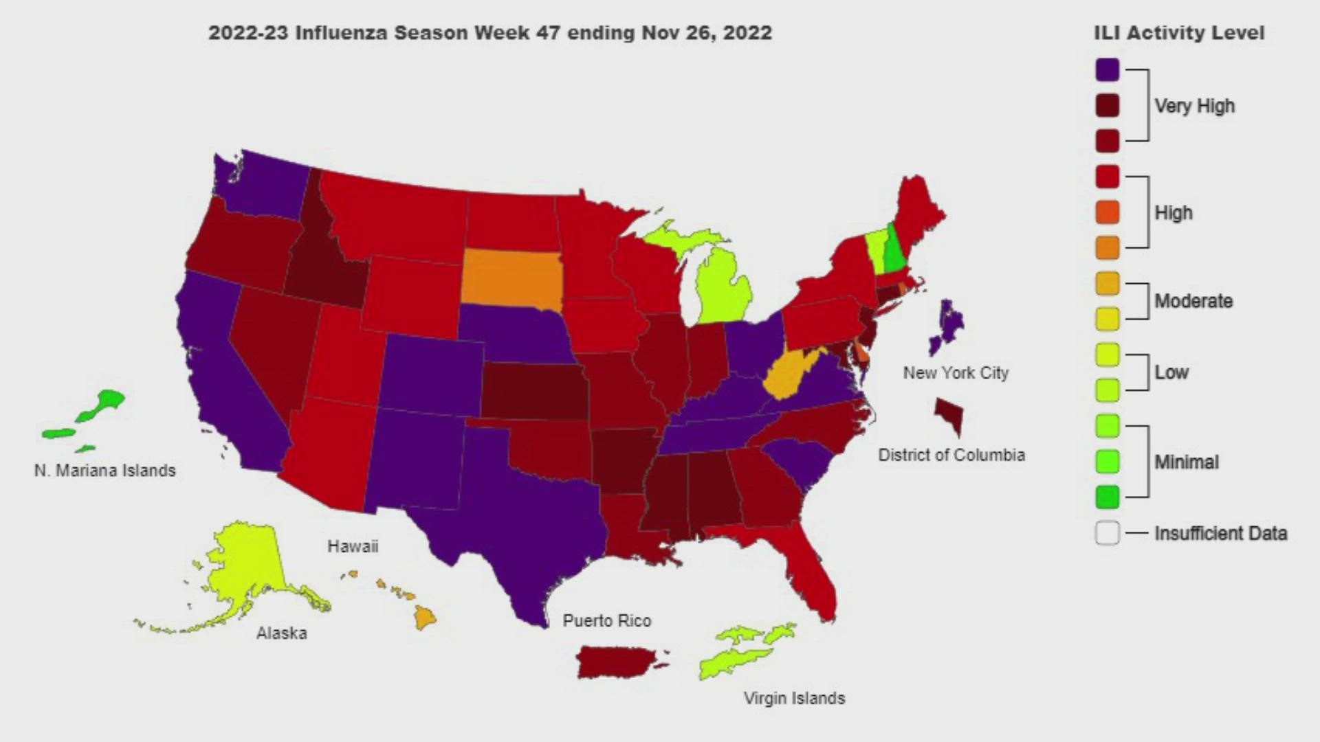 The latest map from the CDC shows that flu cases continue to spike across the state. Tennessee remains in very high flu activity.