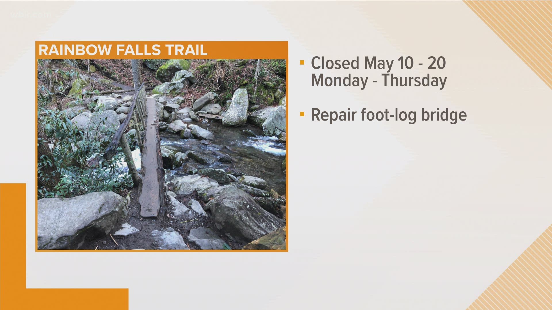 The area will be closed weekly on Monday through Thursday from May 10 through May 20. The trail will be fully open each week on Friday, Saturday, and Sunday