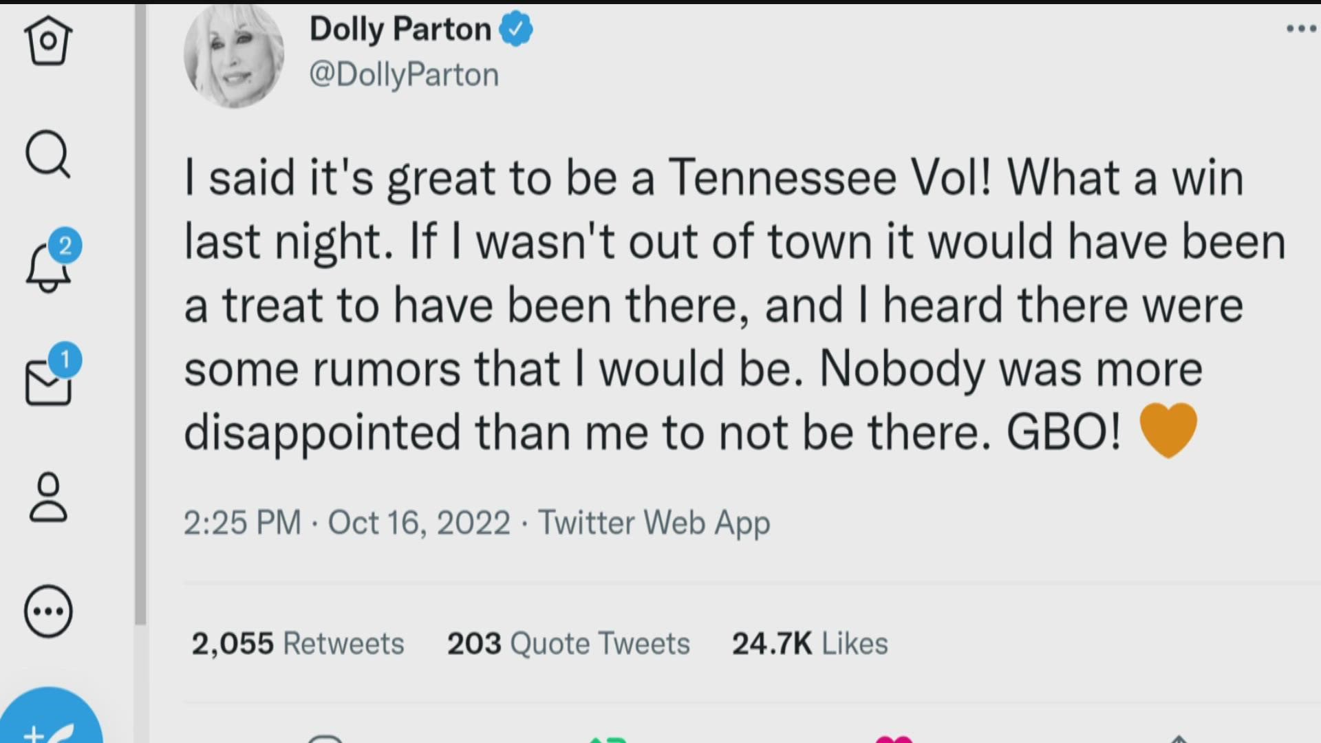 Dolly Parton congratulated the Vols on their big win and said she wishes she could have been there herself.