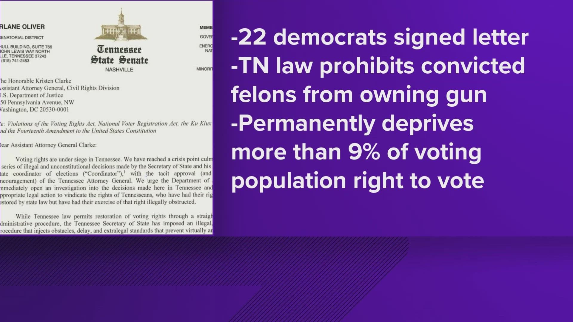 A group of Democratic lawmakers in TN is asking the U.S. Department of Justice to investigate how the state has further restricted voting rights restoration.