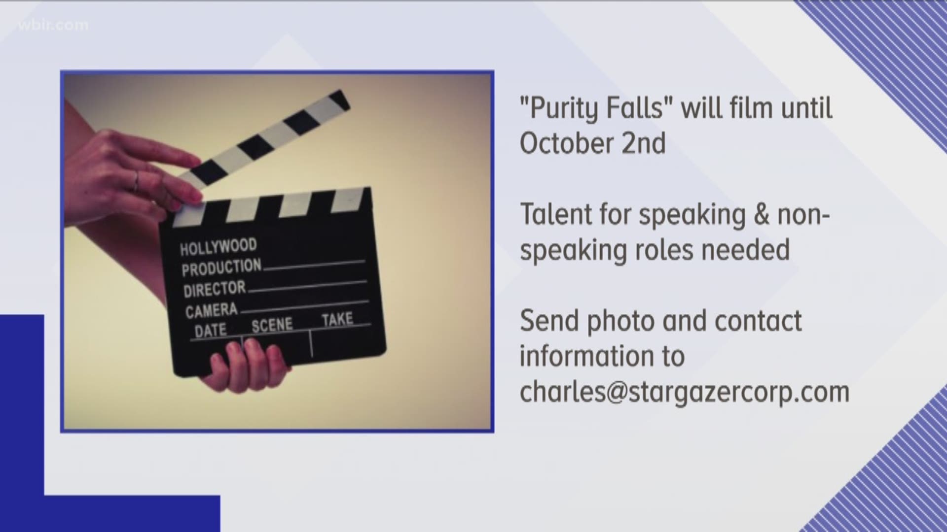 Stargazer Films is casting background actors for a movie called 'Purity Falls.' The movie will be shot in the Knoxville area starting September 17 through October 2, according to the production company.