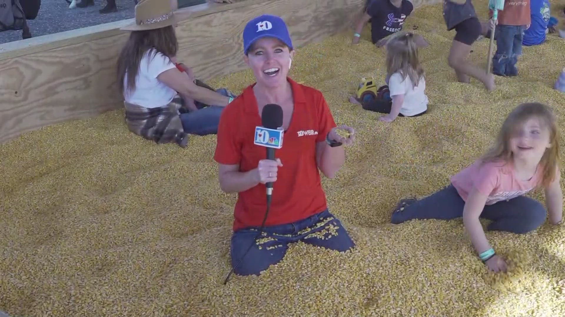 WBIR meteorologist Cassie Nall does the weather from a pit filled with 20 tons of dried corn kernels.