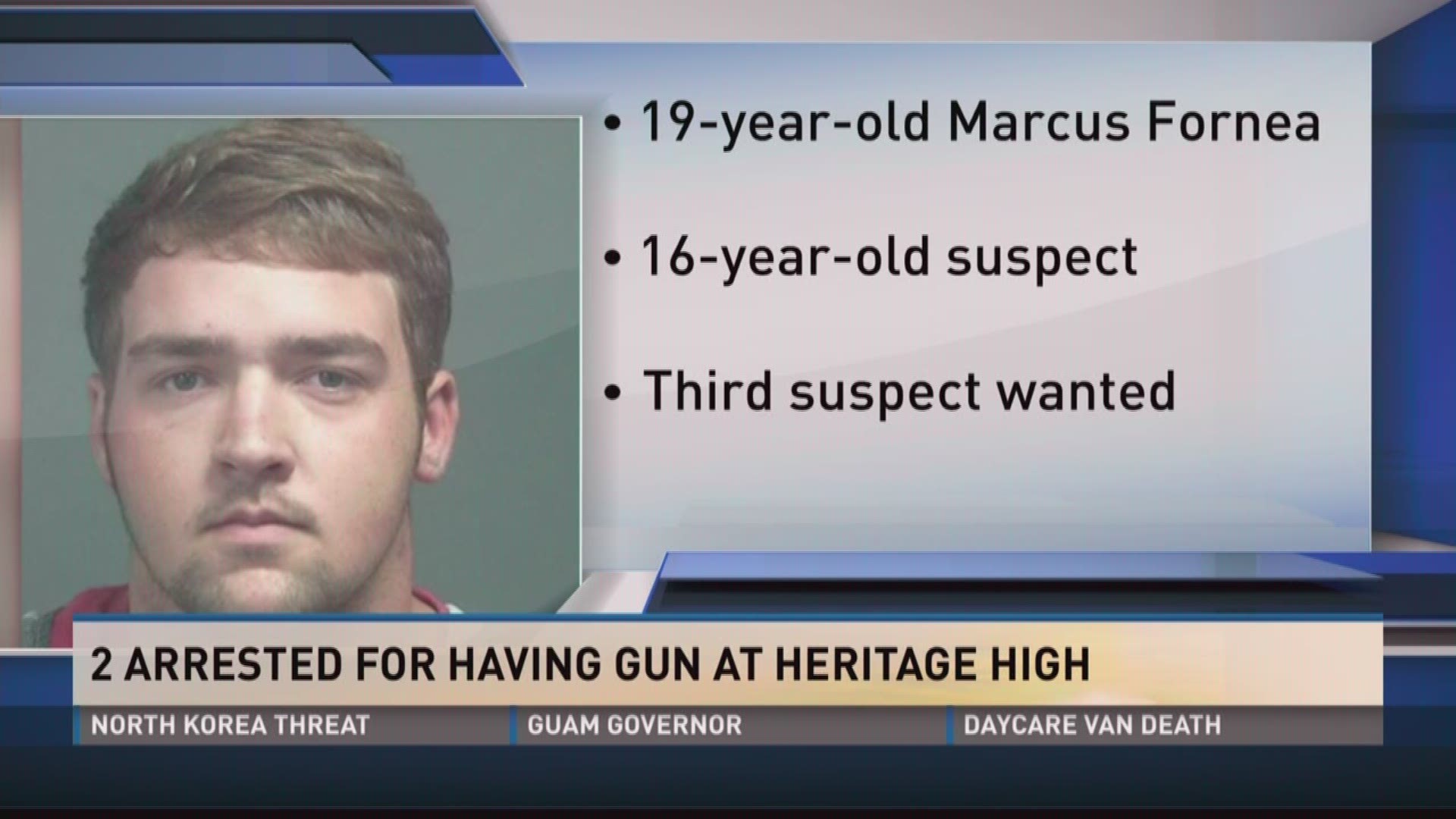 Two teenagers are accused of having a gun on the Heritage High School campus. Authorities are looking for a third suspect in connection.