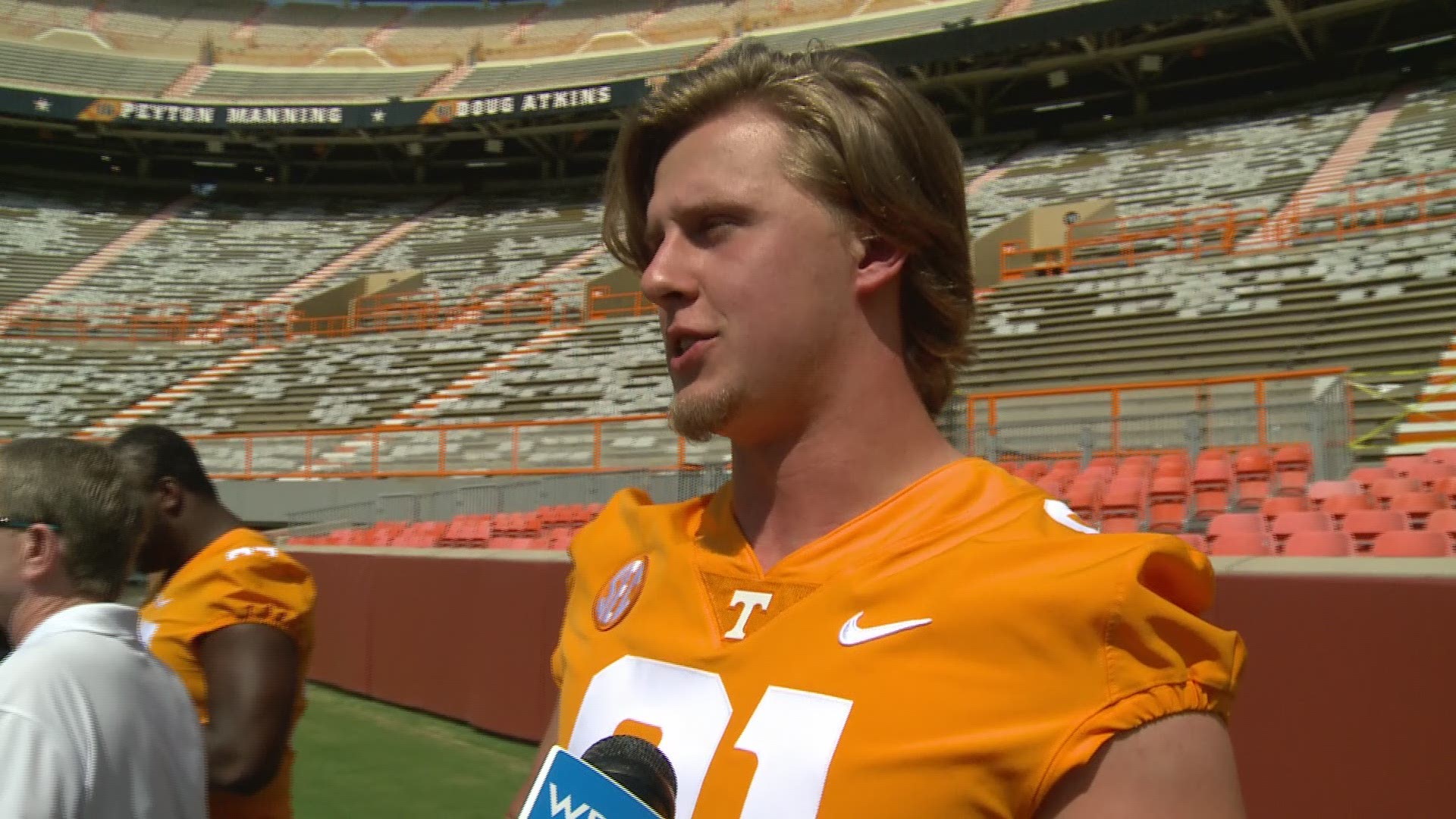 Tight end/H-back  Austin Pope speaks with the media prior to Fan Day at Neyland Stadium.