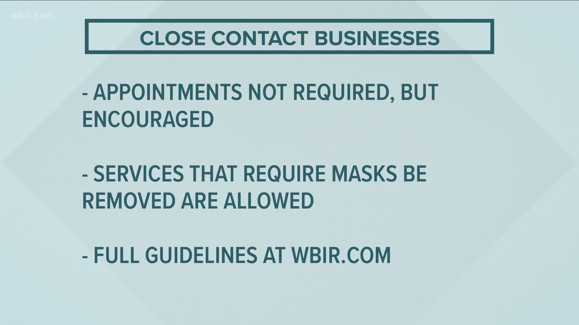 Tennessee's Economic Recovery Group released new reopening guidelines for close contact service businesses, exercise facilities and recreation.