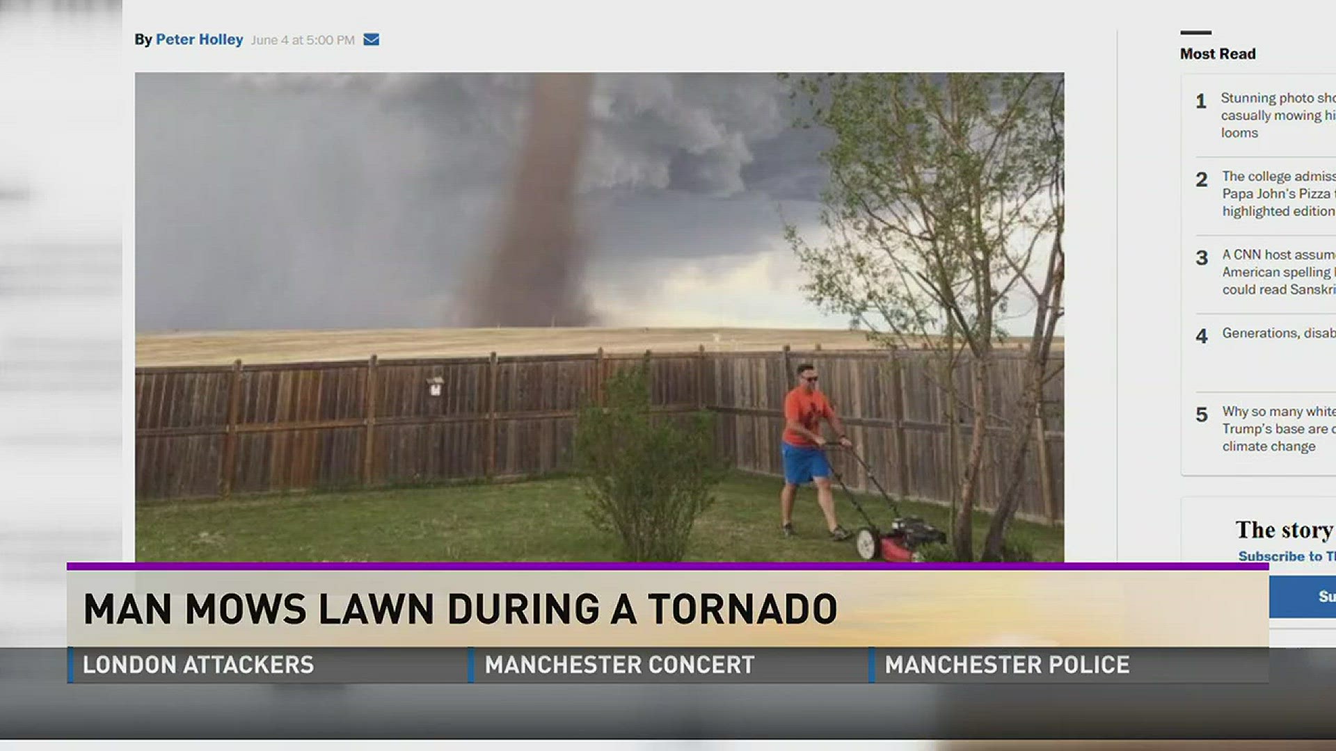 A Canadian man photographed mowing his lawn with a tornado behind him has caused a storm of attention on the internet.