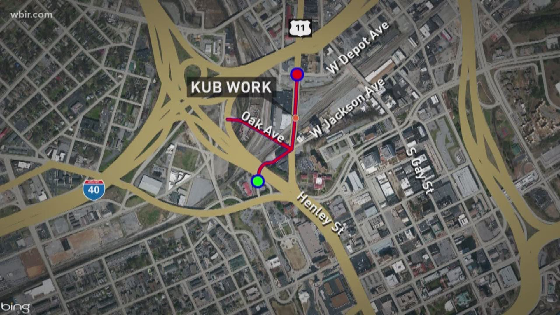 March 14, 2018: Upcoming electrical work will close a portion of downtown Knoxville in the area of Broadway and Jackson Avenue.