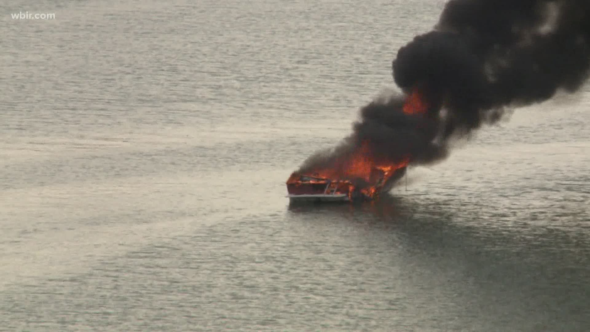 KFD says two people were on the boat when the boat caught fire but were not injured.