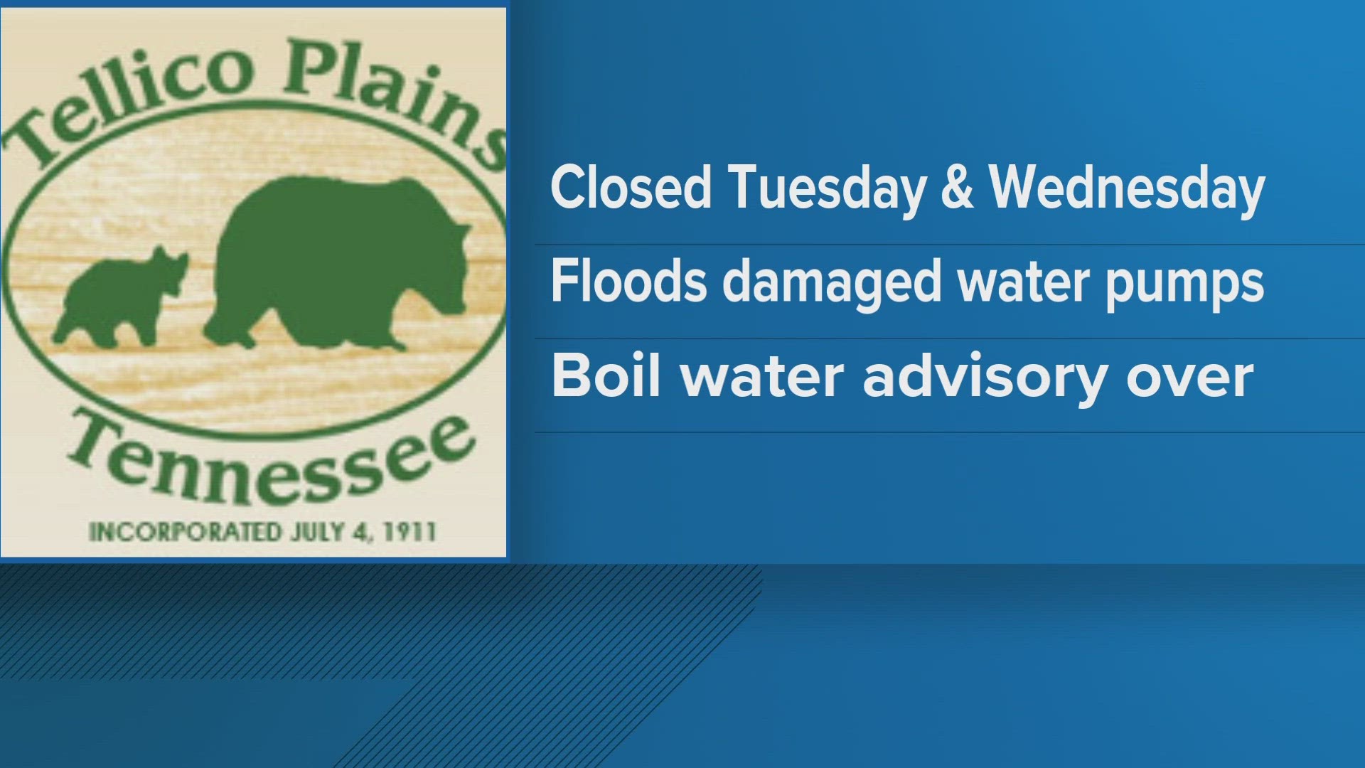 Schools were closed Wednesday and Thursday after the floods Tuesday. Tellico Plains is also not under a boil water advisory.