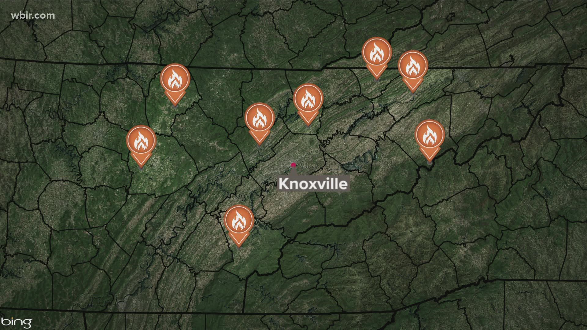 At least eight brush fires were burning across East Tennessee Friday afternoon. The NWS said the fire risk should decrease by 6 p.m. when winds die down.