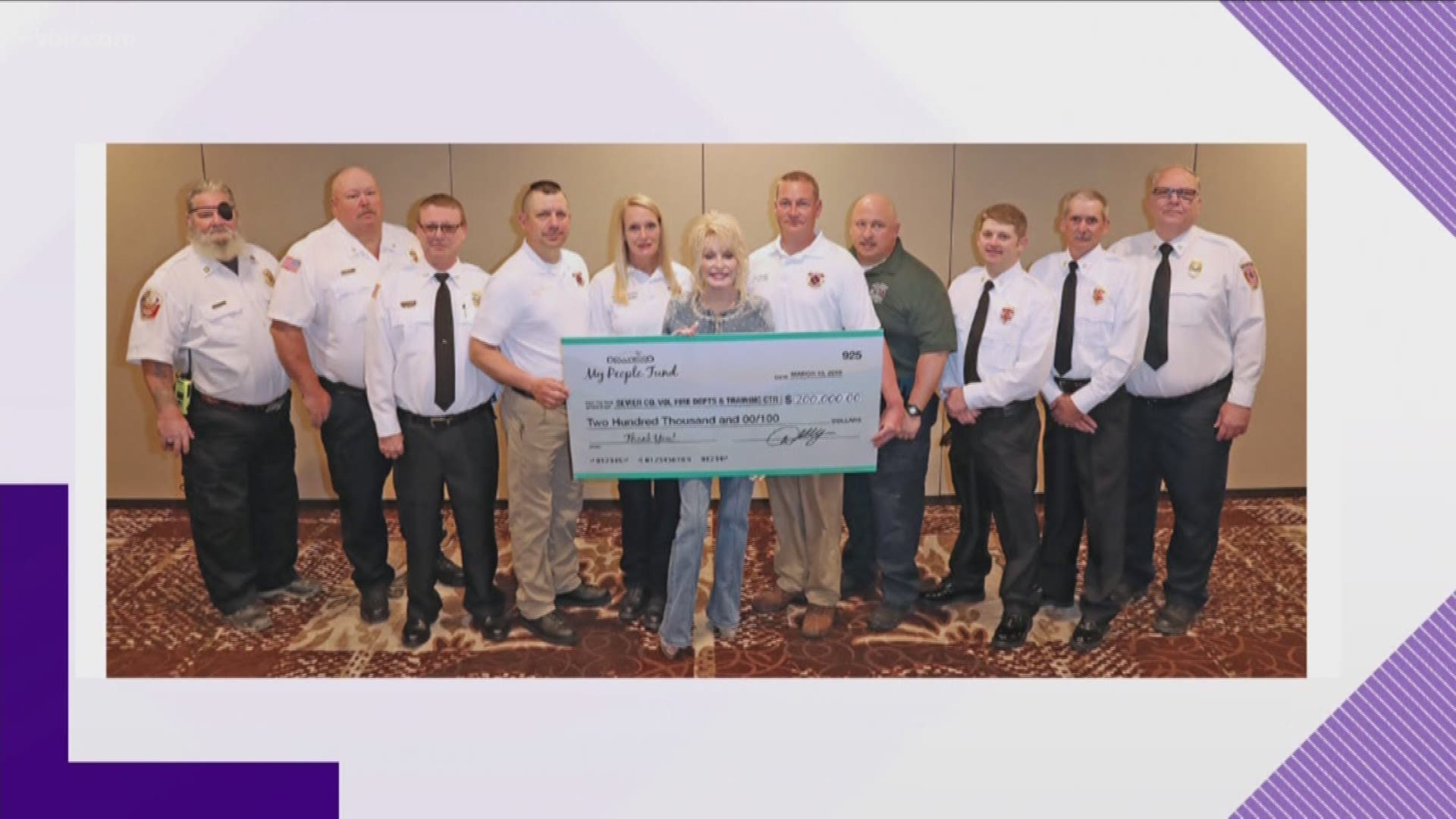 Dolly Parton and her "My People Fund" are donating $200,000 to eight Sevier County volunteer fire departments.
