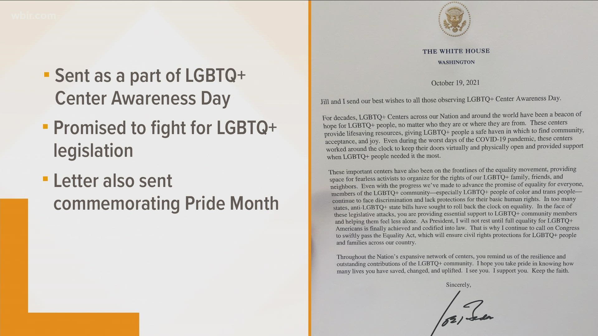 The pride center got a special letter from President Joe Biden as a part of LGBTQ+ Center Awareness Day.