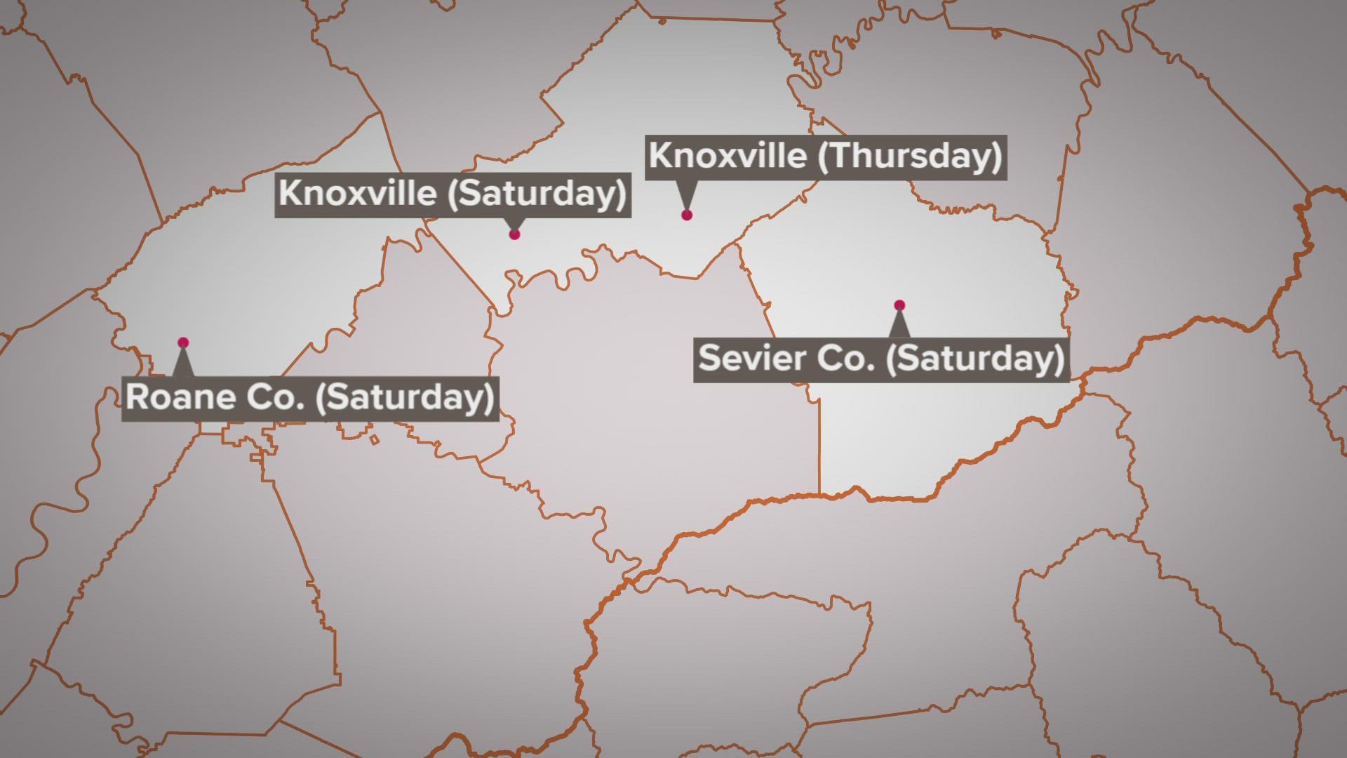 There were two deaths reported in Knoxville, one in Roane County and another in Sevier County.