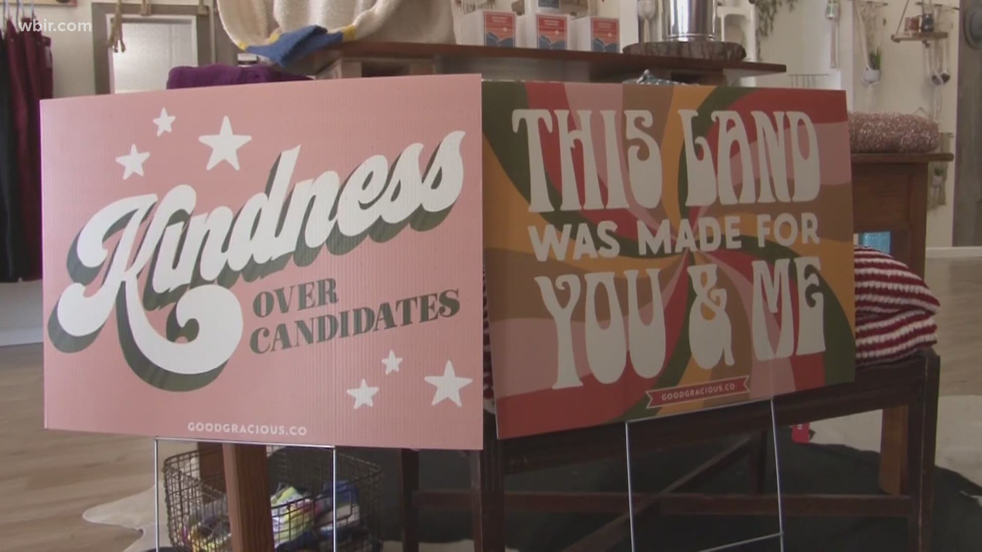 A Monroe County shop owner is selling a different sort of election sign. She wants to make sure kindness is at the forefront-- and in front yards-- no matter who