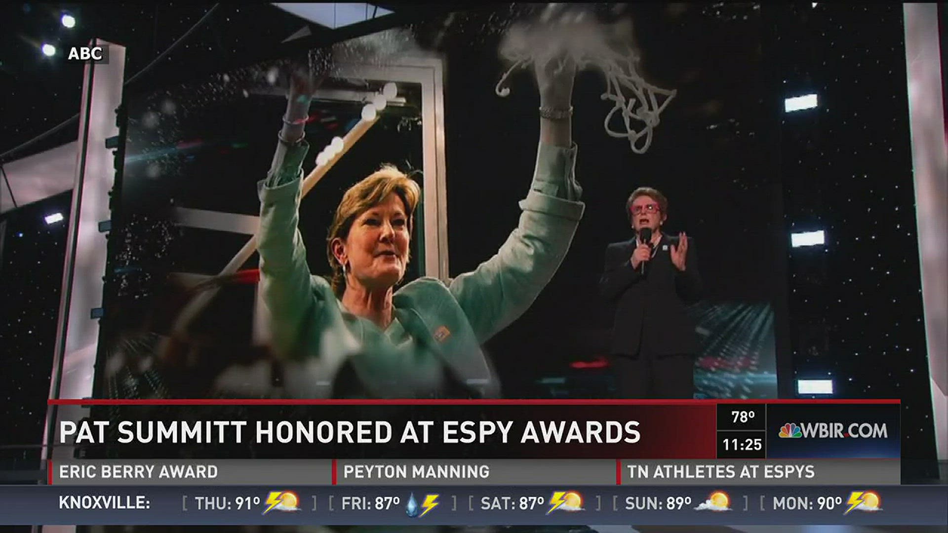 Former tennis player and equal rights for women advocate, Billie Jean King, pays tribute to Pat Summitt at the ESPYS.