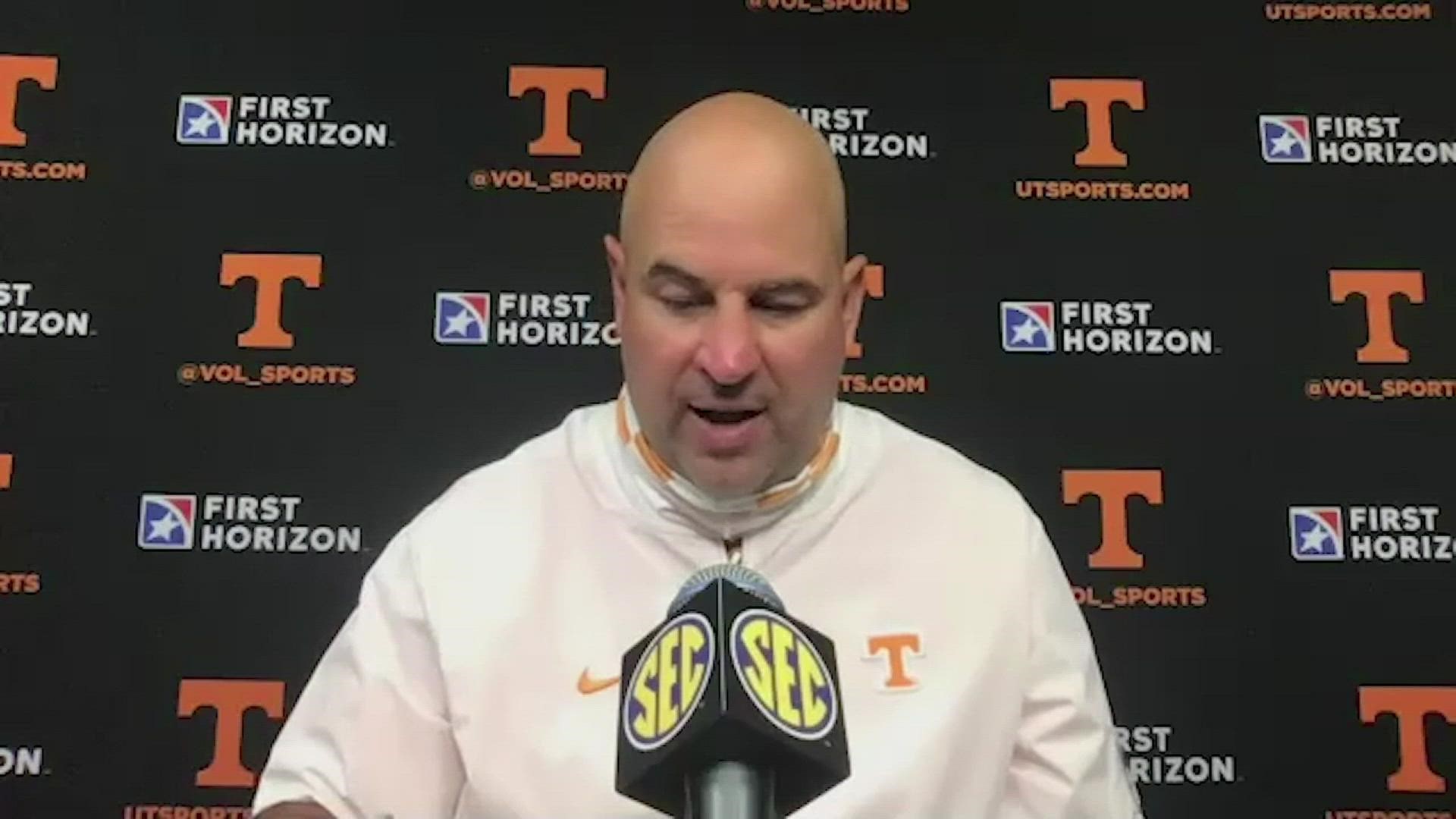 Tennessee head coach Jeremy Pruitt speaks with the media after the team's 31-27 win against South Carolina.