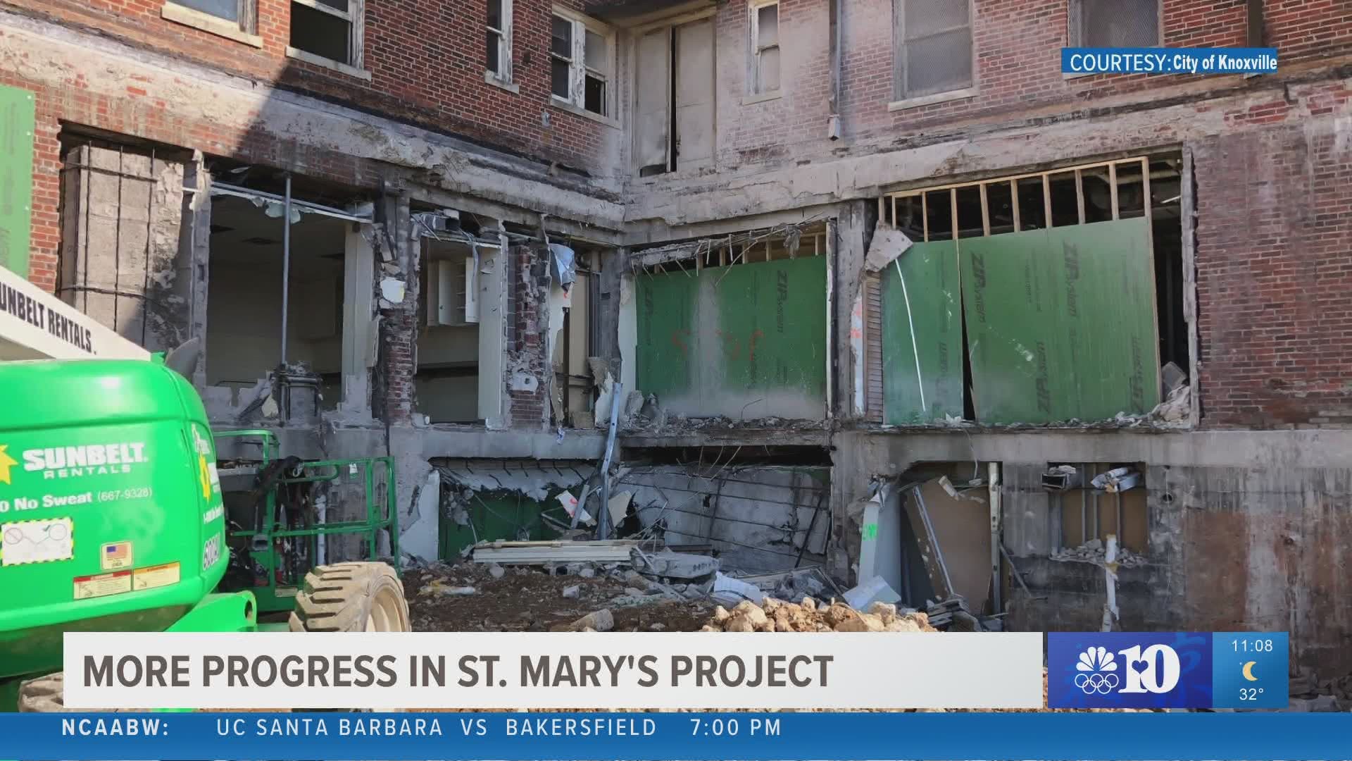 Crews working on construction at the former St. Mary's Hospital Site said they have added a new foundation wall this week.