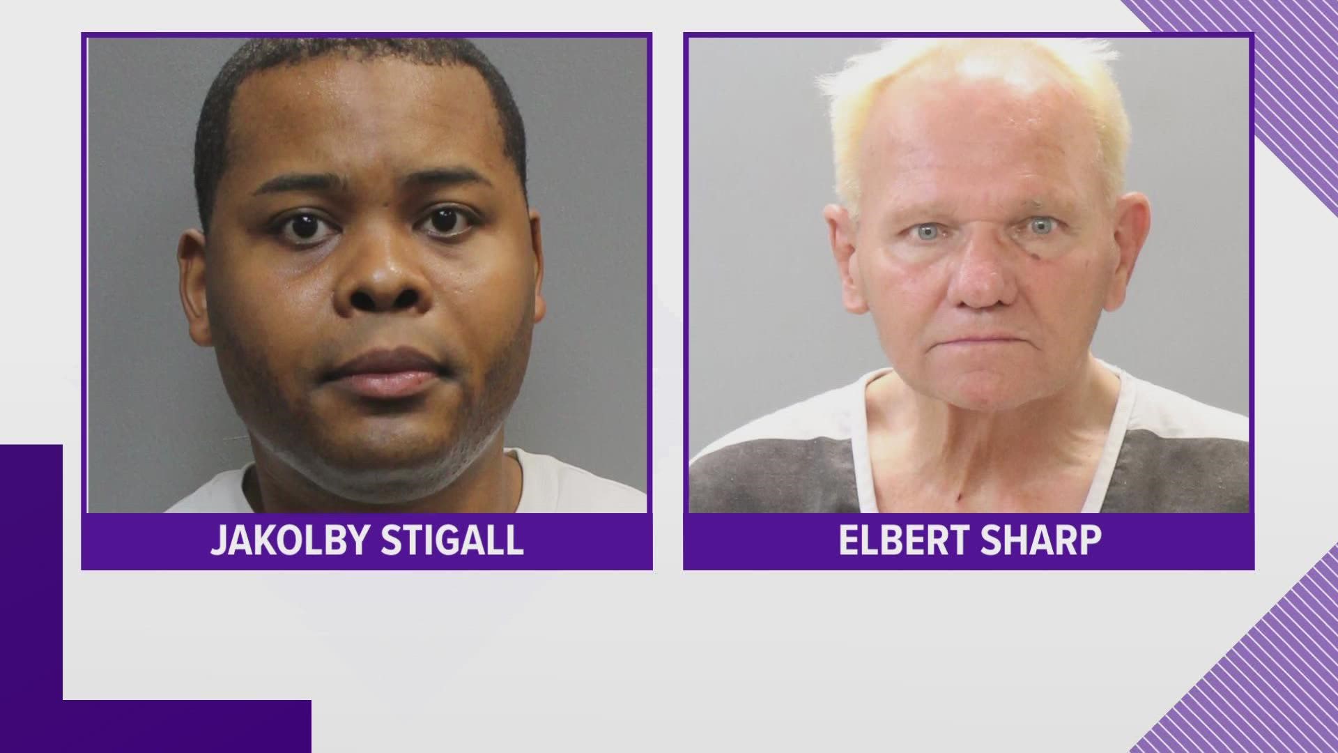 Jakolby Stigall and Elbert Sharp are facing charges after KCSO said one of the men grabbed a vulnerable man by his feet and dragged him across a driveway.