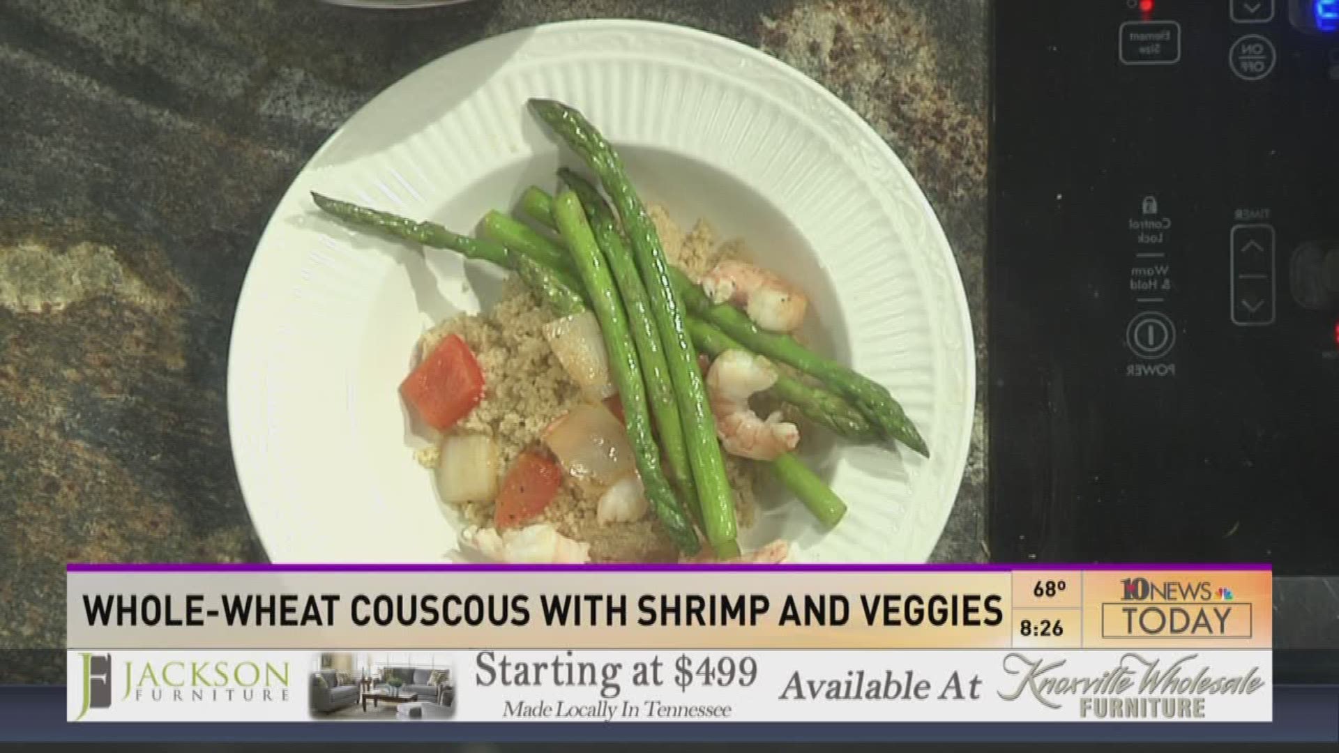 Clinical Dietitian Janet Seiber at UT Medical Center shows Katie Roach how to make healthy Whole Wheat Couscous with Shrimp and Sauteed Vegetables.