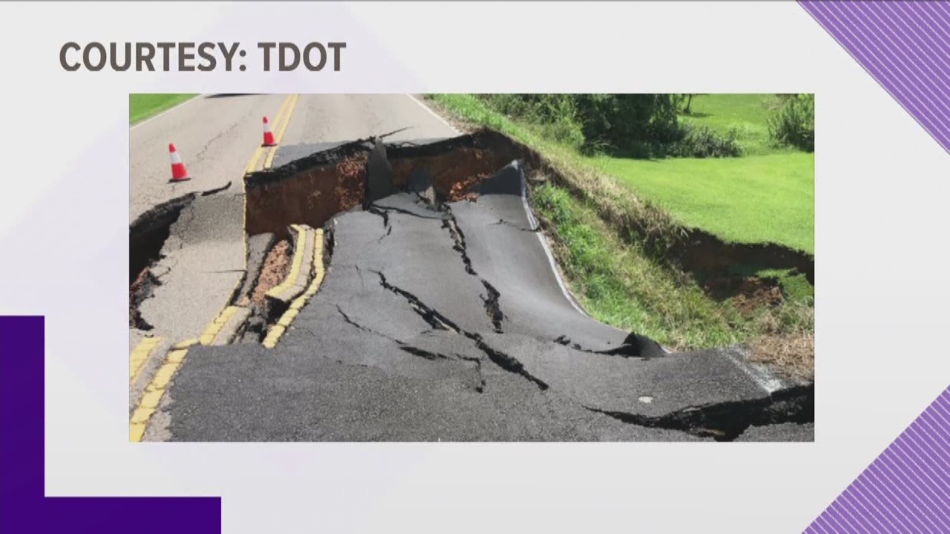 A large sinkhole has closed a portion of Lakeshore Drive in Grainger County.

A TDOT spokesperson shared a photo that shows one entire lane of the road has collapsed. Geotechnical engineers are on their way to assess the damage and figure out how to repair it.