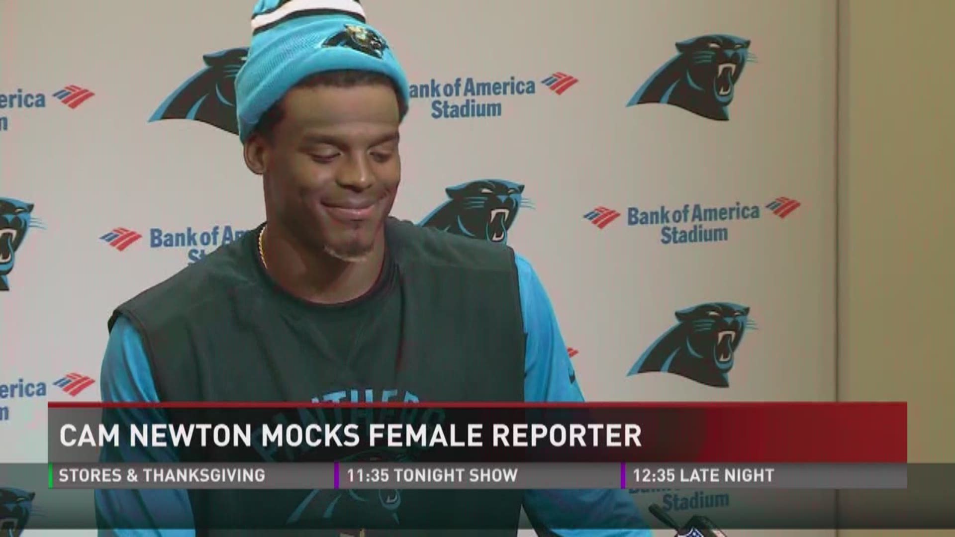Cam Newton mocks female reporter during a press conference.