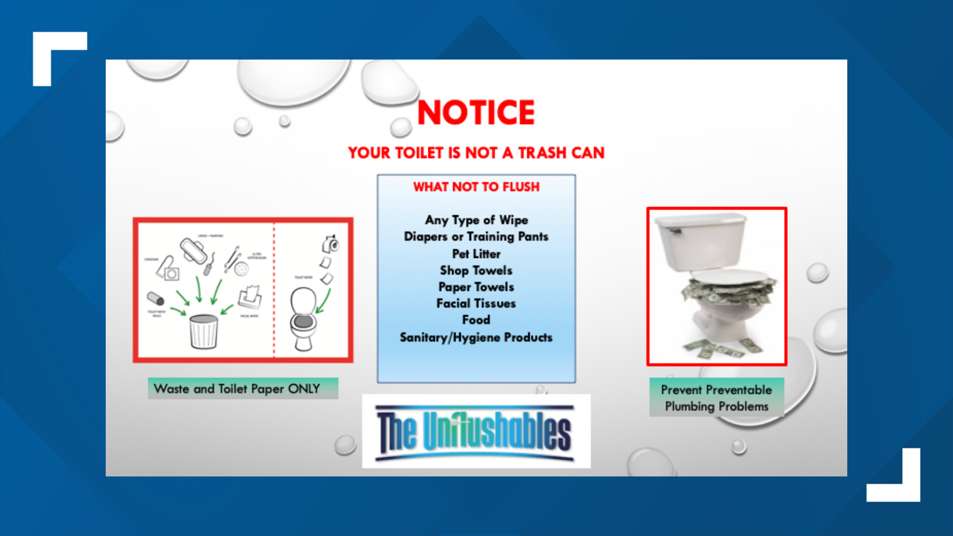 No wipes down the pipes A reminder to only flush toilet paper, waste