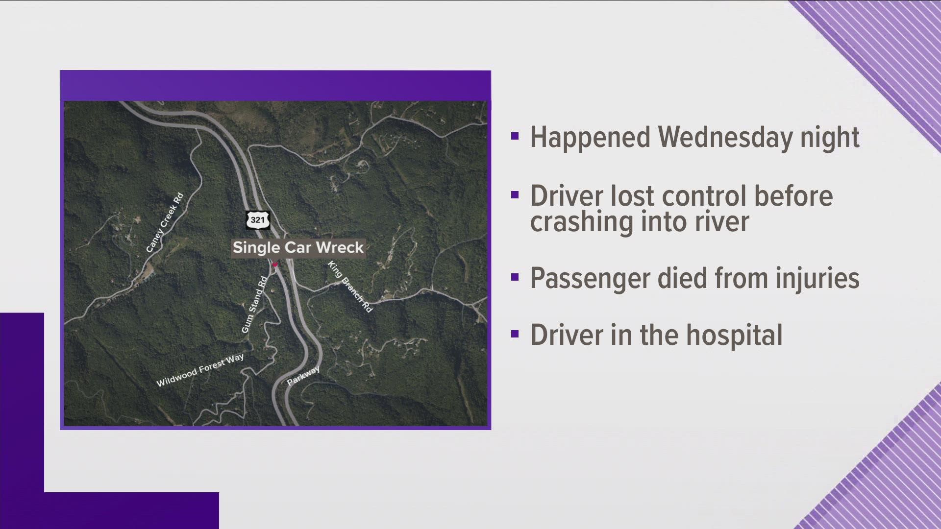 The GSMNP said a vehicle lost control near Gum Stand Road and went into the river Wednesday, killing a passenger.