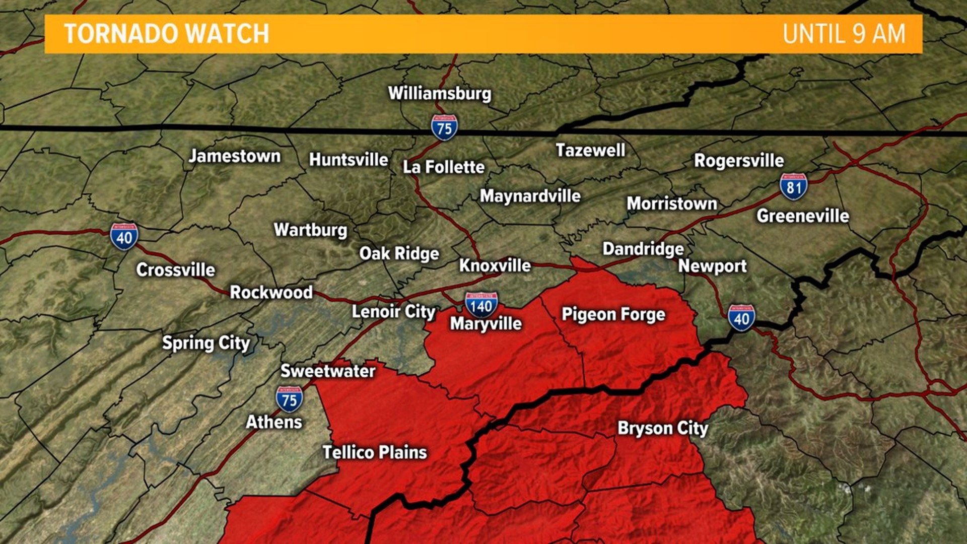 A Tornado Watch is in effect for parts of East Tennessee until 9 AM EST