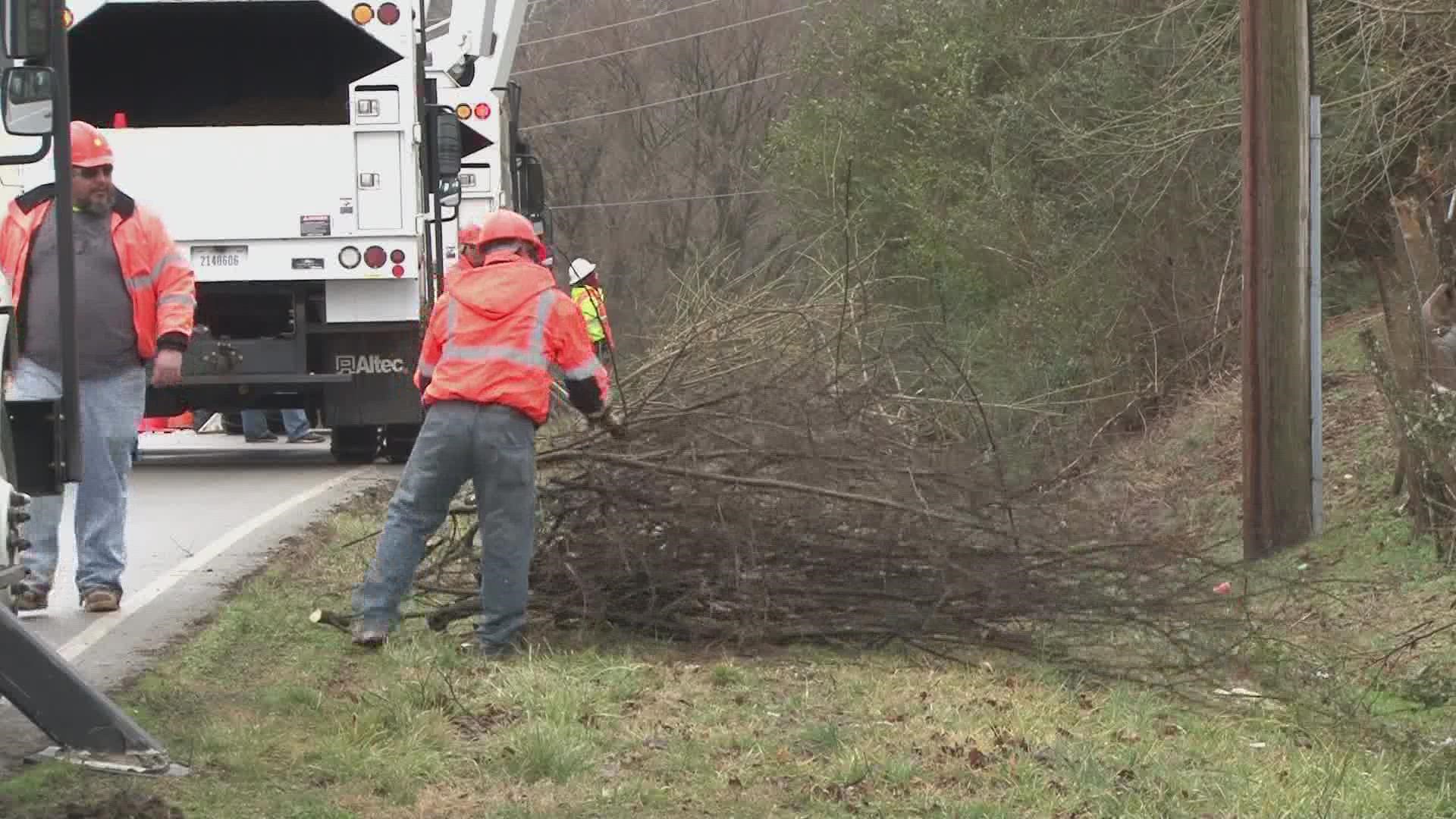 Storms blew down trees and limbs on top of power lines this weekend, and clean-up is still underway.
