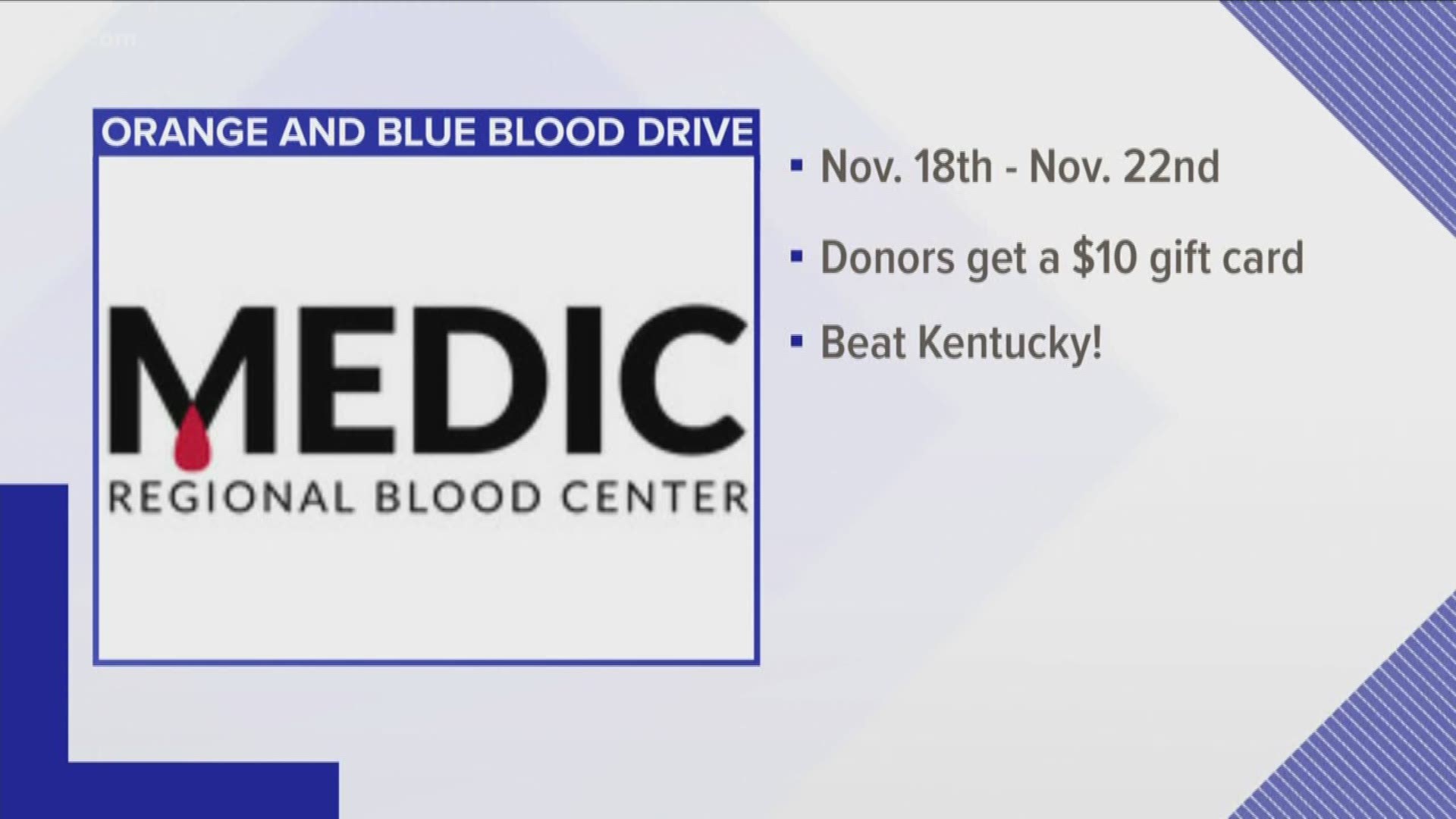 Tennessee competes against Kentucky between Nov. 18 through Nov. 22 to see which can collect the most blood donations