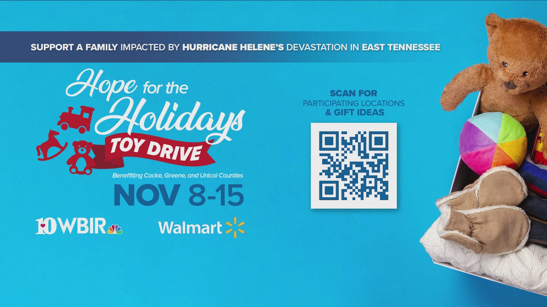 WBIR will collect toy donations for children and families impacted by Hurricane Helene this holiday season.