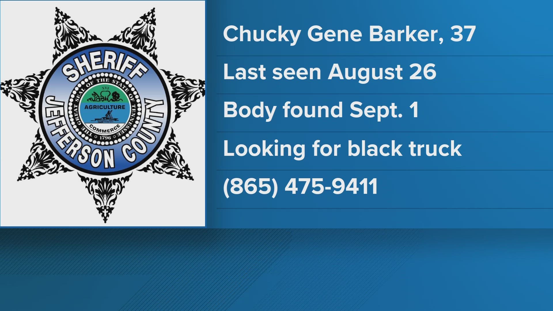 37-year-old Chucky Gene Barker was last seen on August 26th, deputies say. He was known to stay with people in both Jefferson and Cocke Counties.