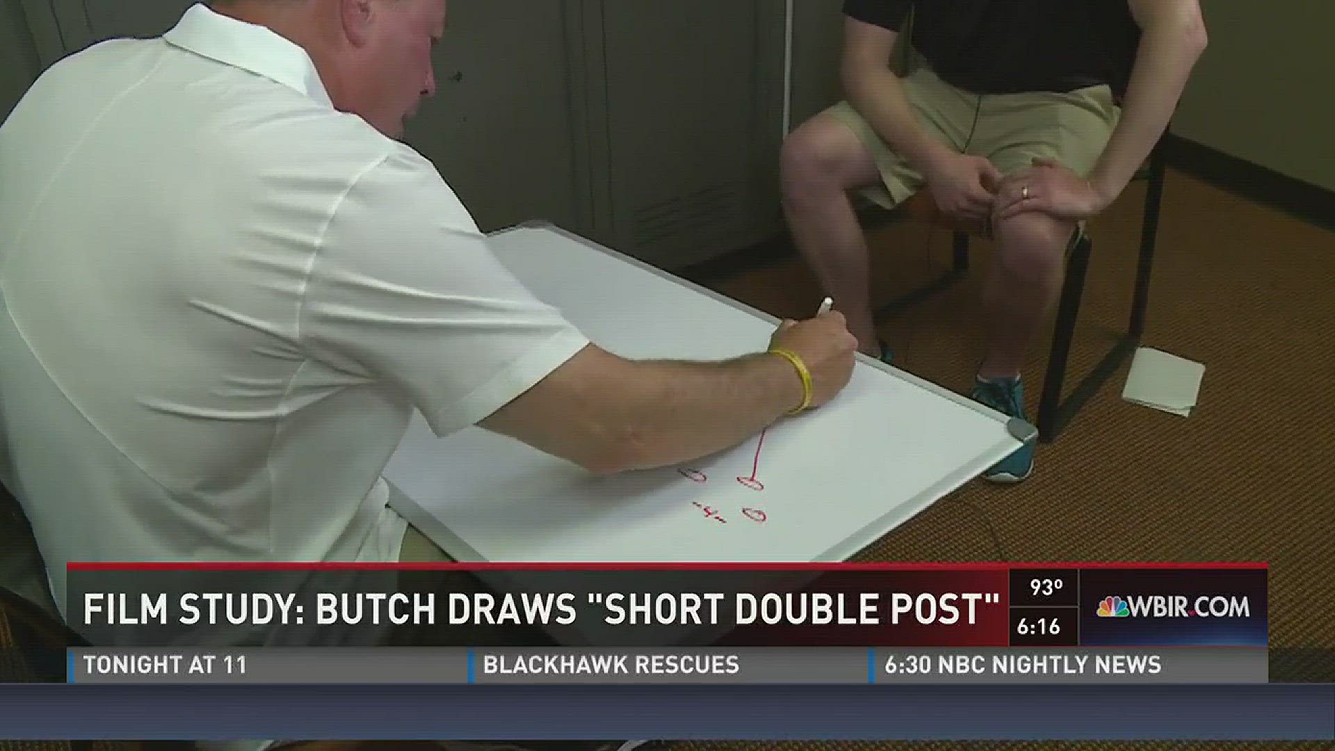 Butch Jones draws up the 'short double post' play on the whiteboard.