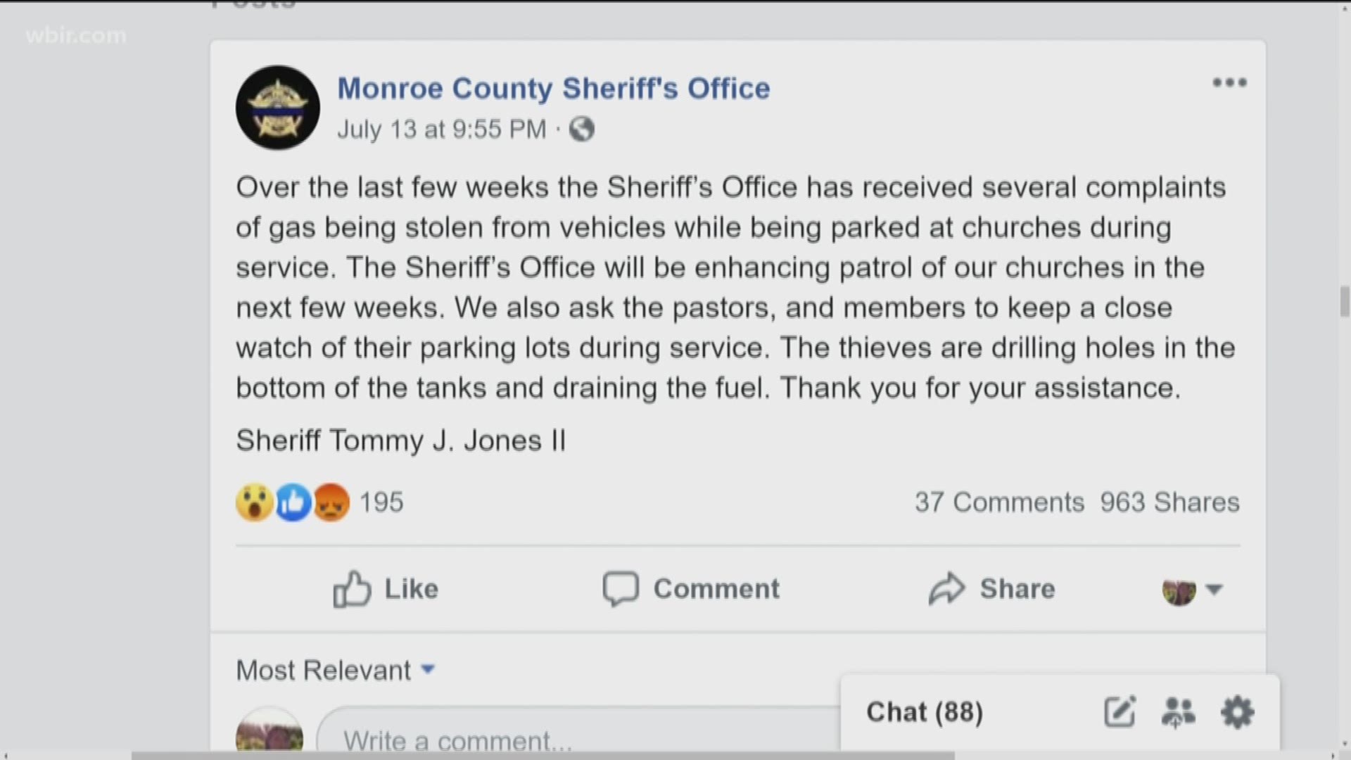 The Monroe County Sheriff's Office is warning drivers about gas thieves targeting church parking lots. The sheriff's office said thieves are drilling holes in the bottom of gas tanks and draining the fuel from cars parked during services.