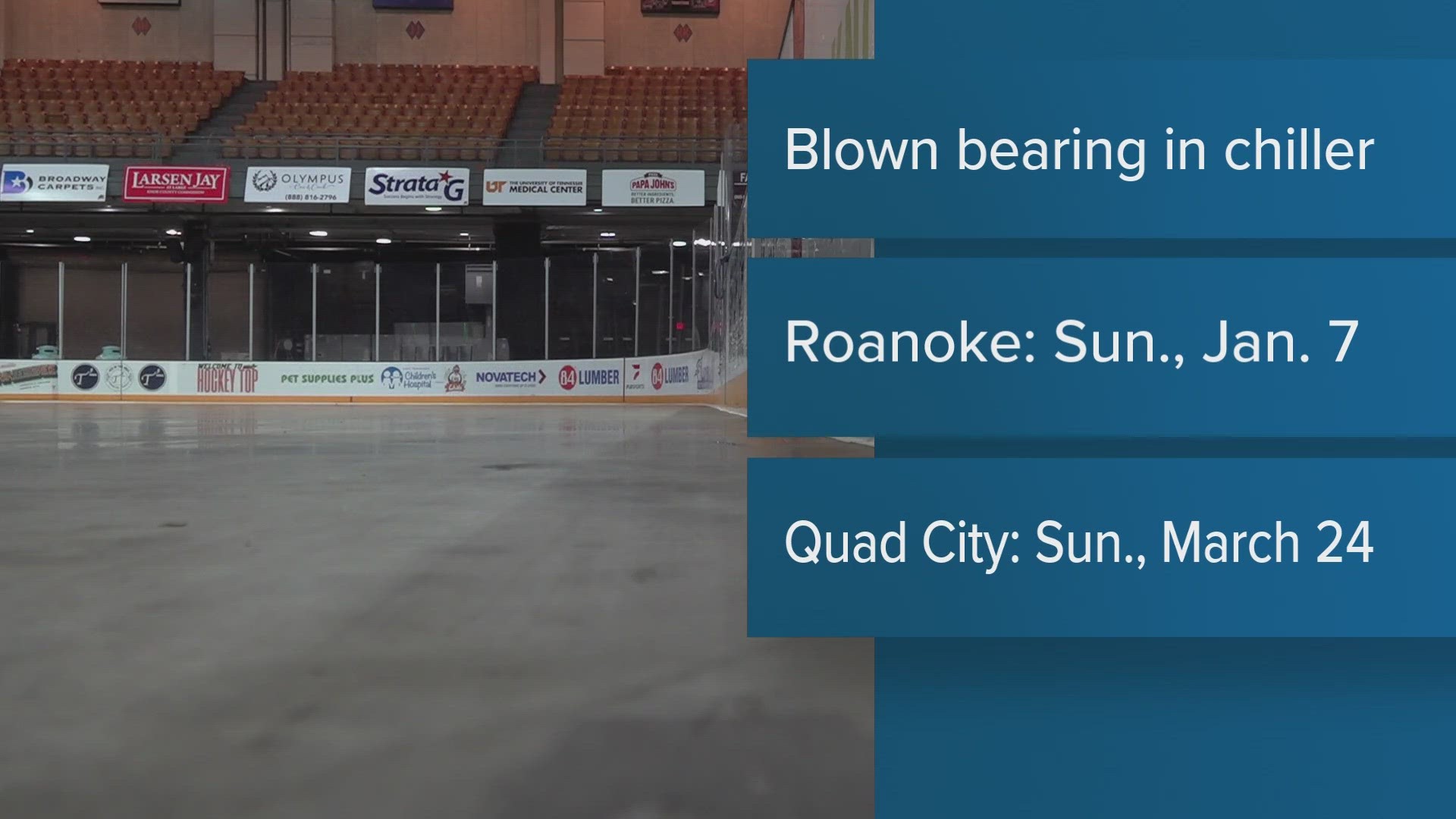 Games against Roanoke and Quad City were set for this weekend and delayed because of a problem with the chiller that keeps the ice cold.